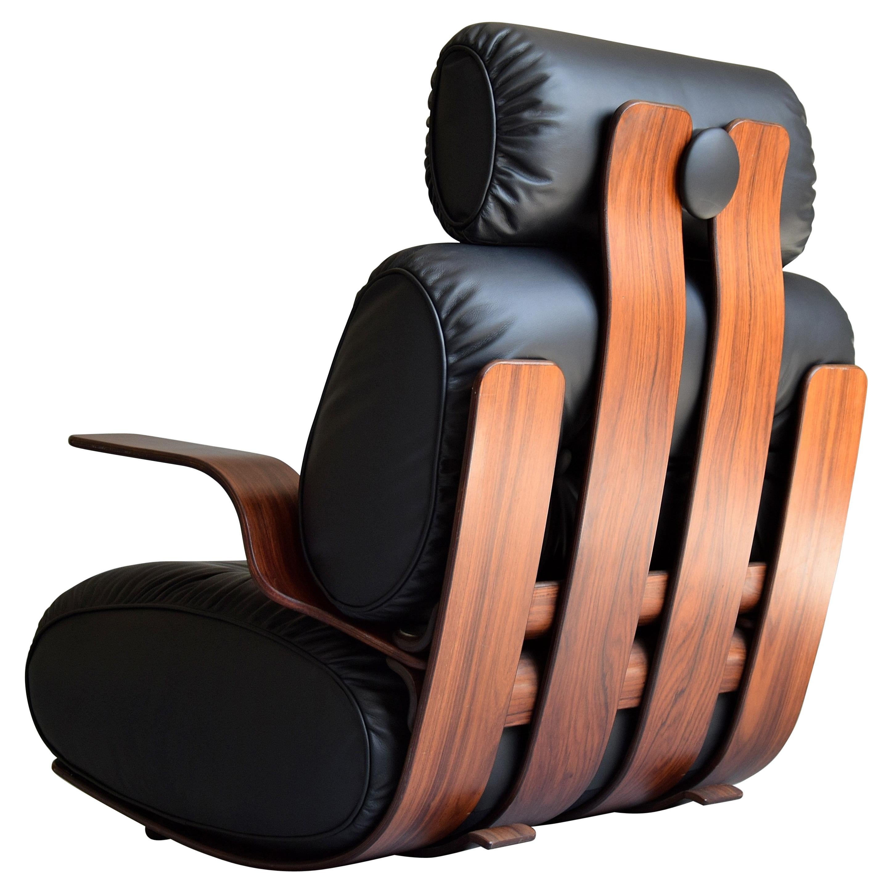 Mid-Century Modern Leather and Plywood Lounge Rocking Chair
