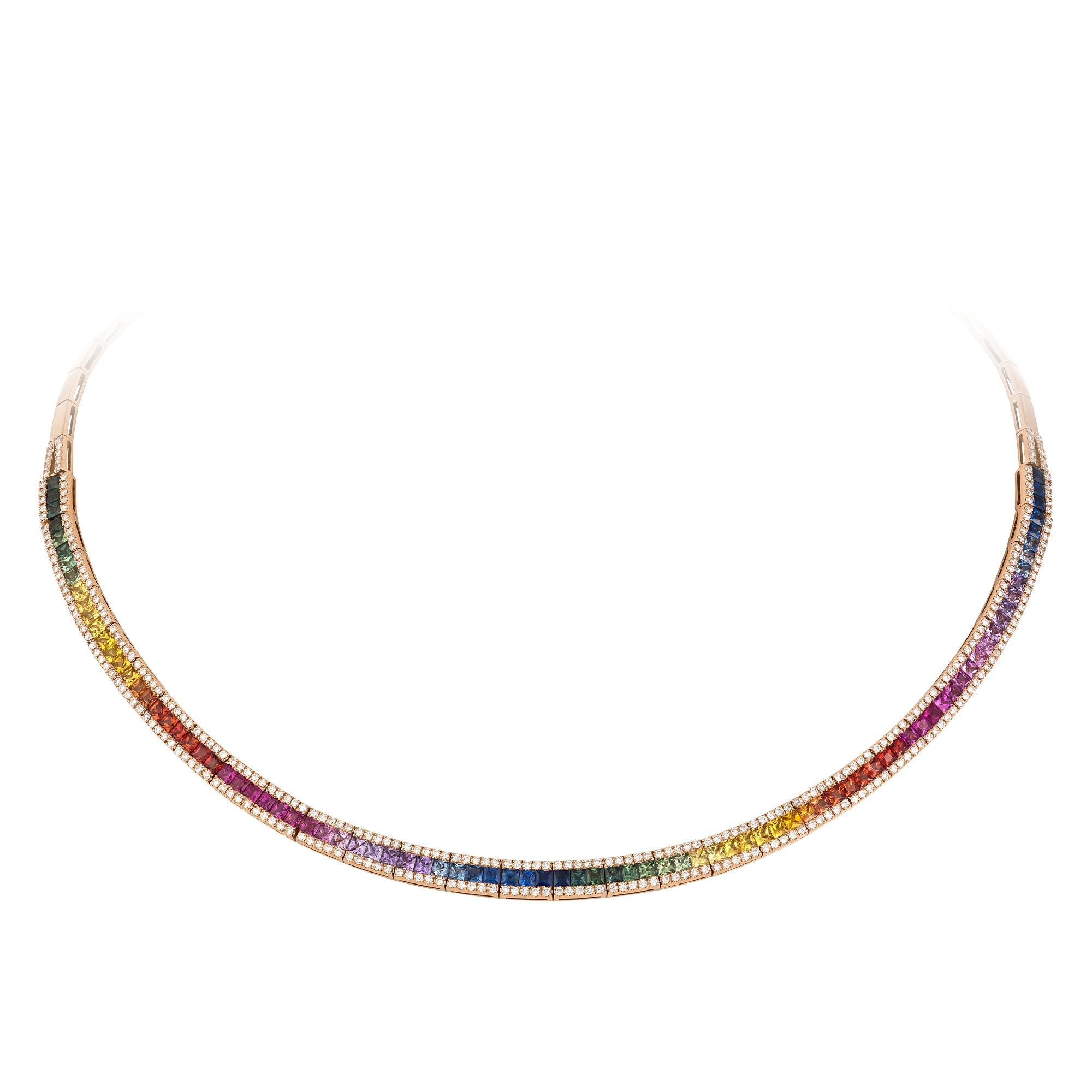 NECKLACE 18K Rose Gold 
Diamond 1.90 Cts/320 Pcs 
Multi Sapphire 10.35 Cts/91 Pcs

With a heritage of ancient fine Swiss jewelry traditions, NATKINA is a Geneva based jewellery brand, which creates modern jewellery masterpieces suitable for every