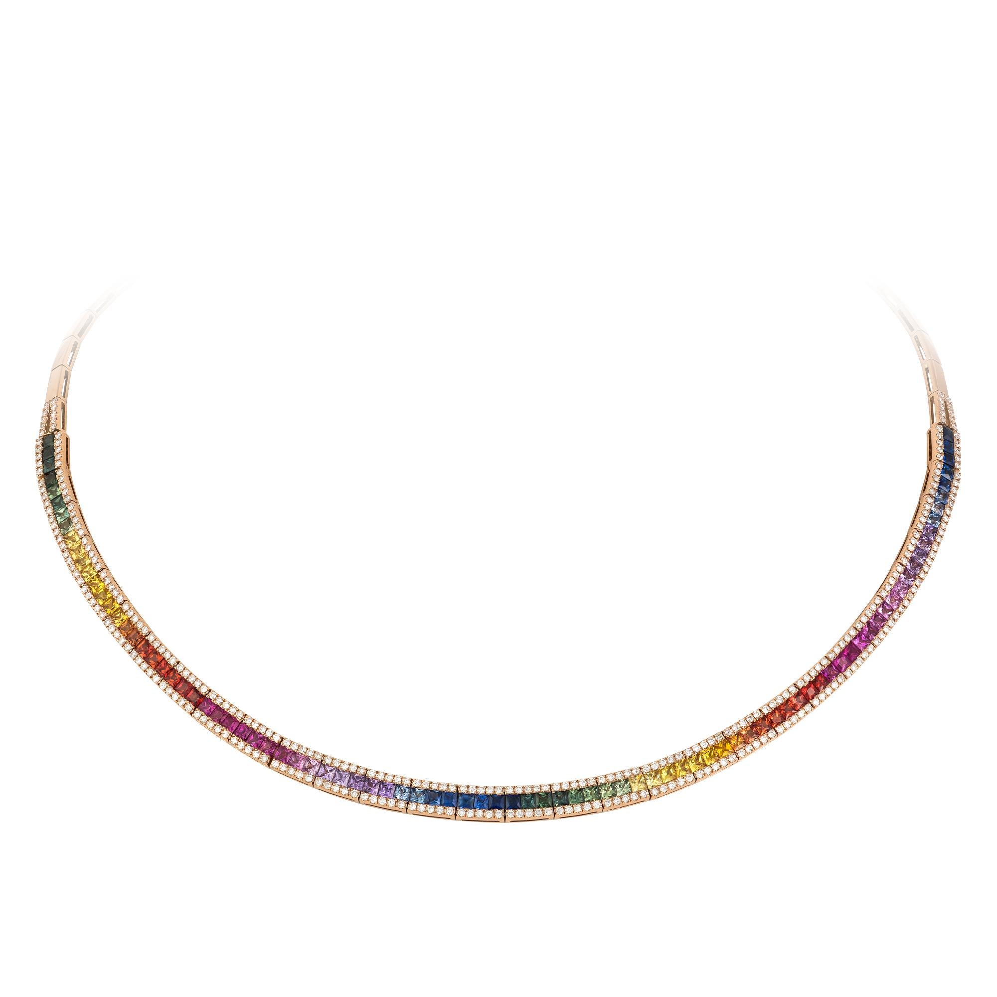 Rose Cut Breathtaking Multi Sapphire Diamond 18 Karat Rose Gold Necklace for Her For Sale