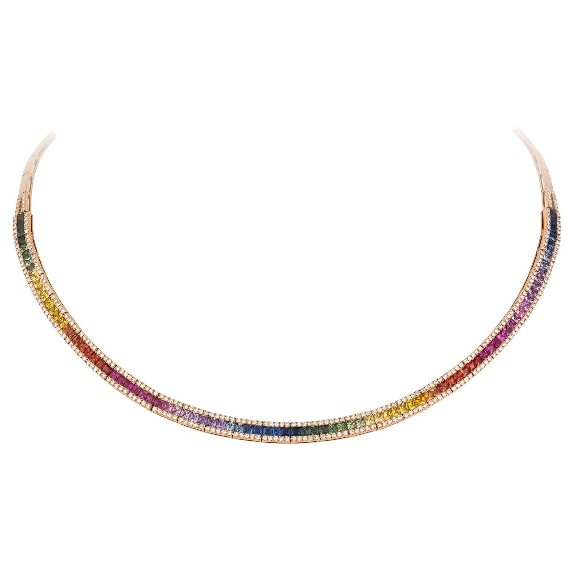 Breathtaking Multi Sapphire Diamond 18 Karat Rose Gold Necklace for Her For Sale