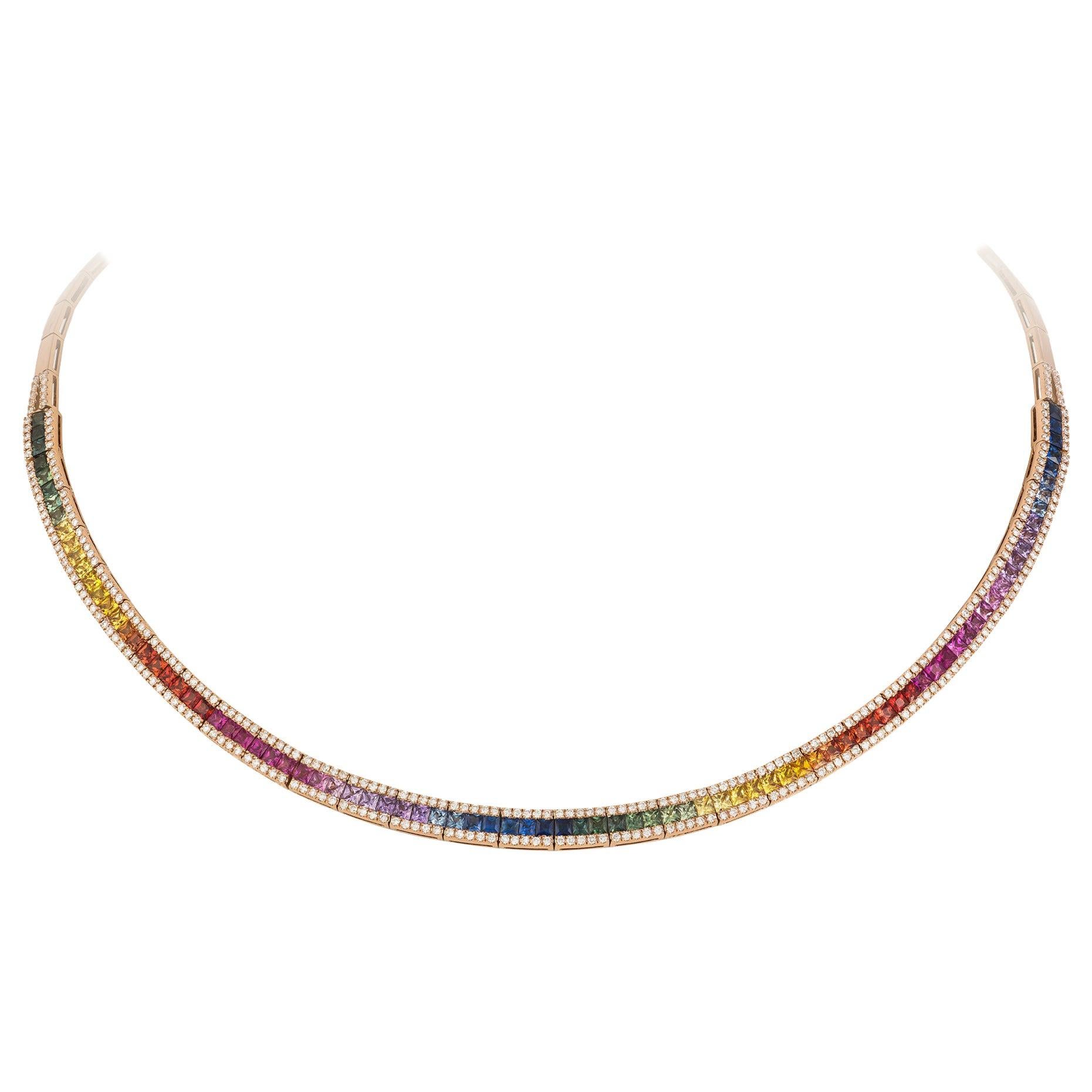 Breathtaking Multi Sapphire Diamond 18 Karat Rose Gold Necklace for Her