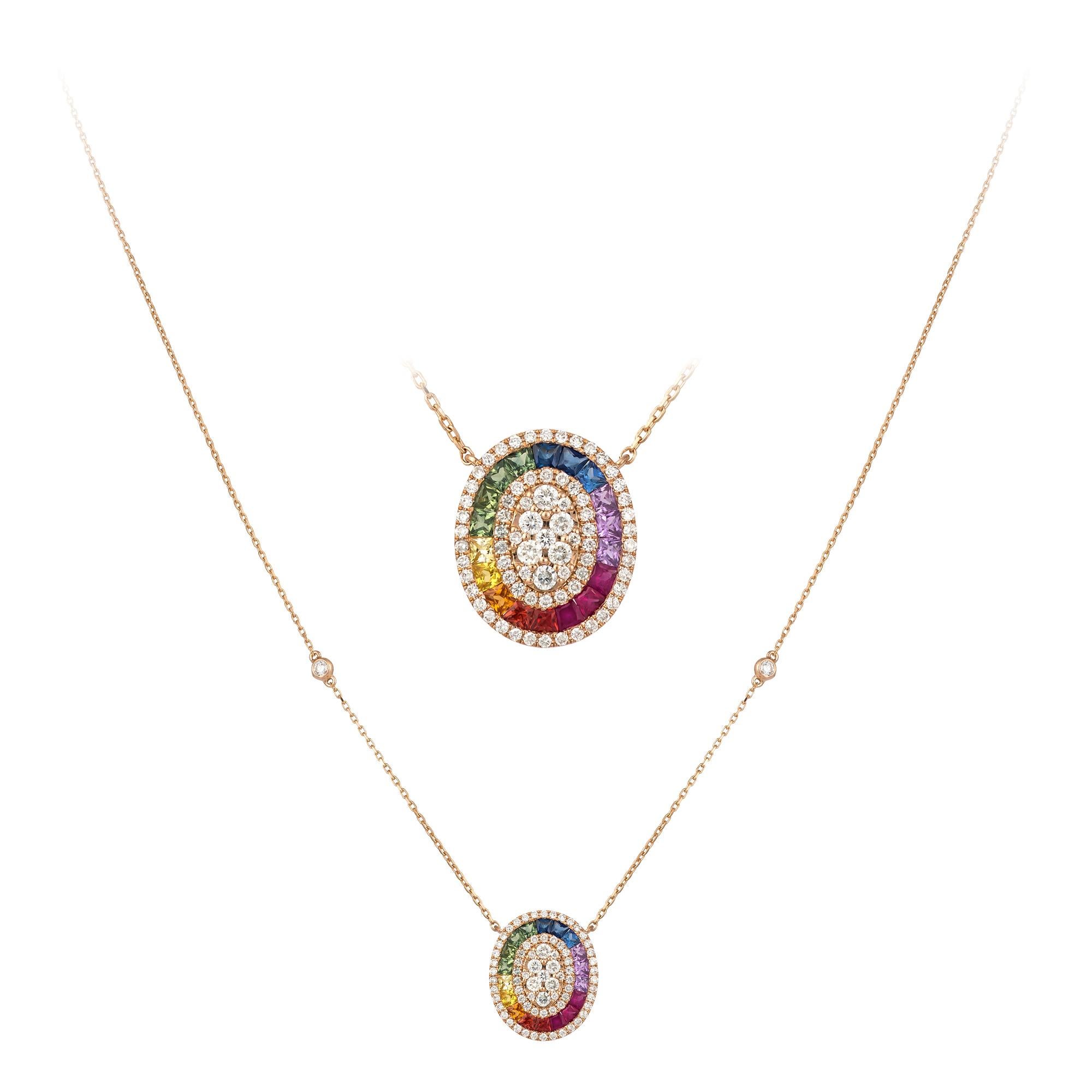 Rose Cut Breathtaking Multi Sapphire Diamond 18 Karat Rose Gold Necklace for Her For Sale