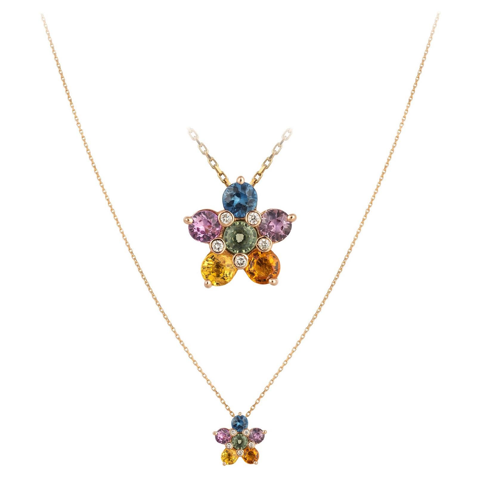 Breathtaking Multi Sapphire Diamond 18K Rose Gold Necklace for Her For Sale