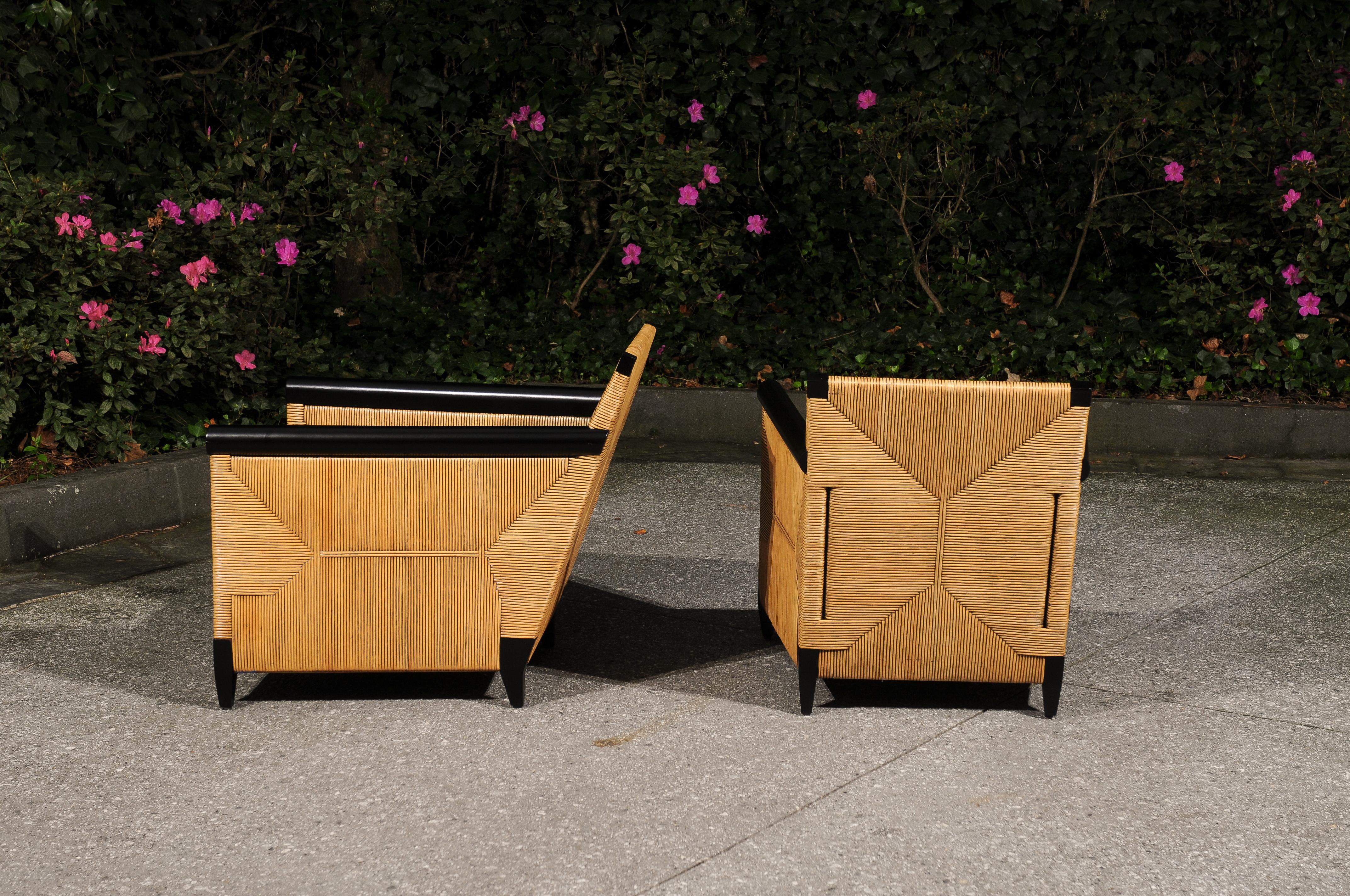 Breathtaking Pair of Black Lacquer Rush Cane Loungers by John Hutton for Donghia For Sale 6