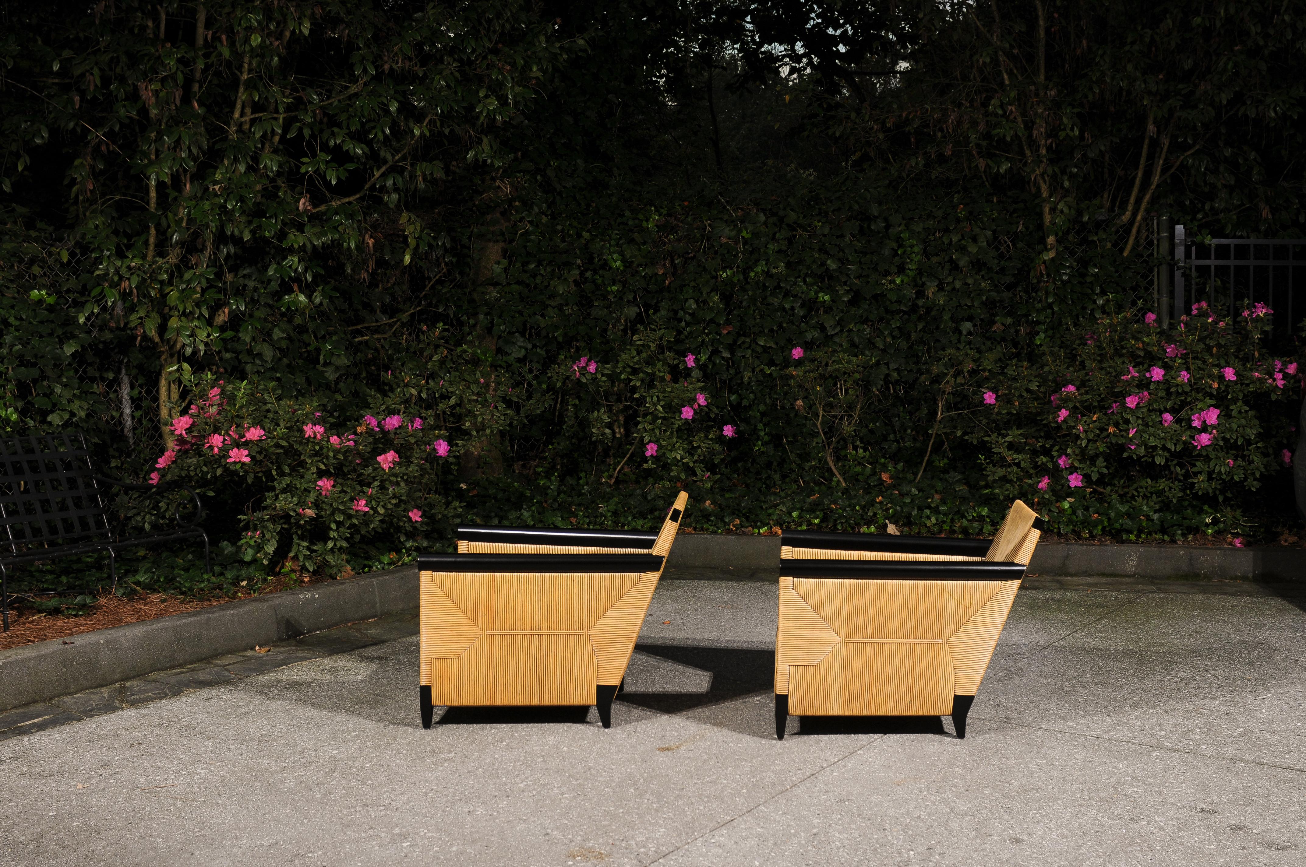 Breathtaking Pair of Black Lacquer Rush Cane Loungers by John Hutton for Donghia For Sale 8