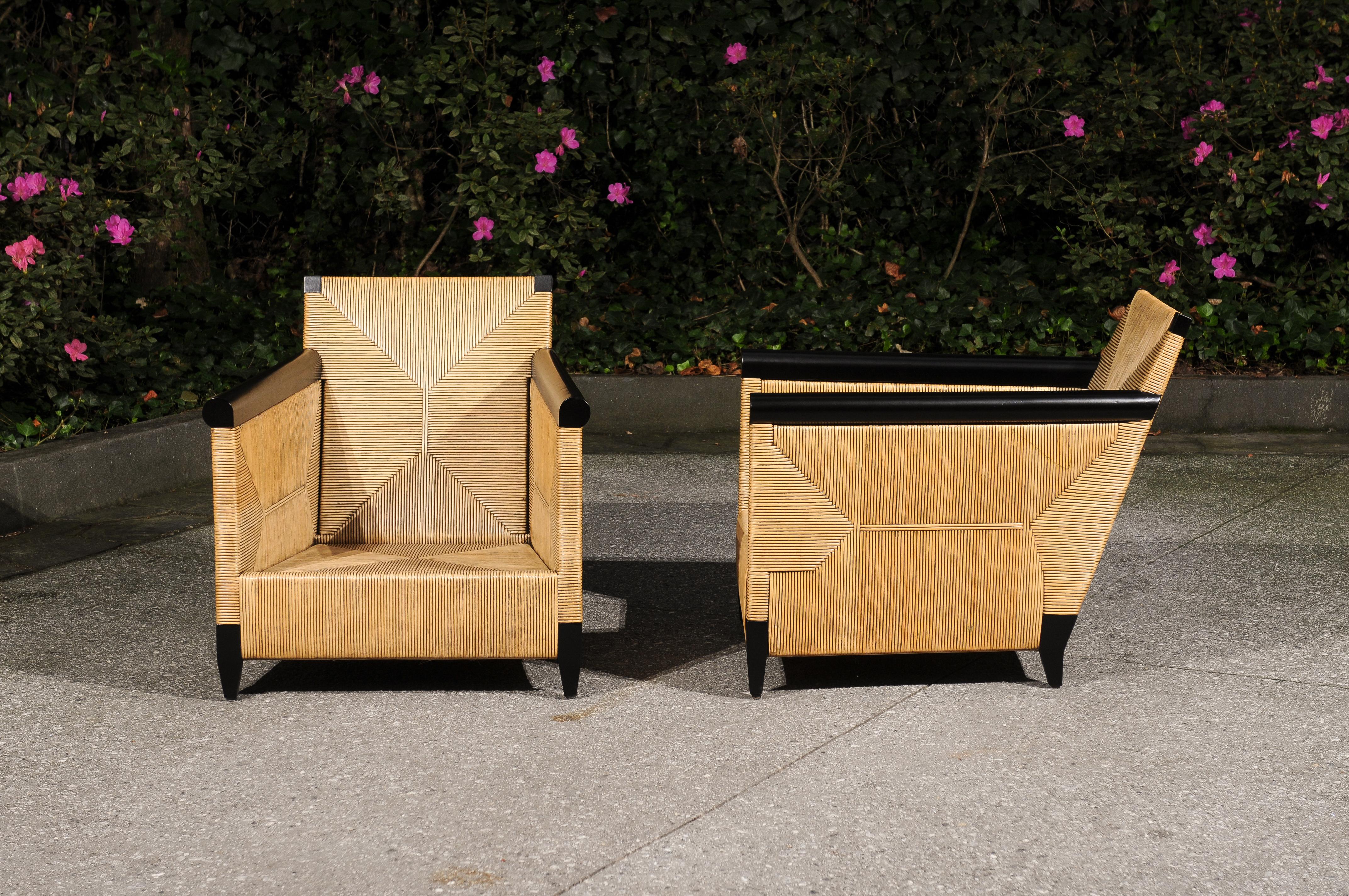 Breathtaking Pair of Black Lacquer Rush Cane Loungers by John Hutton for Donghia For Sale 9