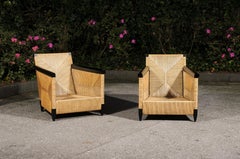Breathtaking Pair of Black Lacquer Rush Cane Loungers by John Hutton for Donghia