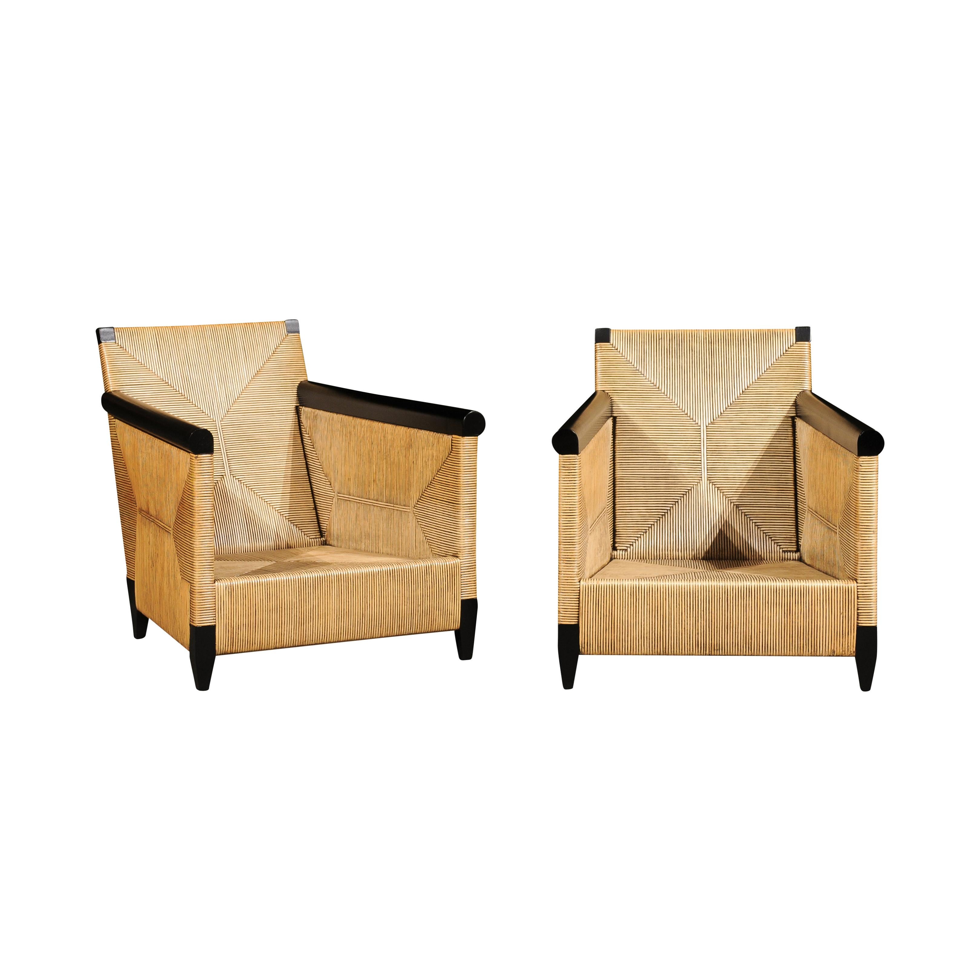 Breathtaking Pair of Black Lacquer Rush Cane Loungers by John Hutton for Donghia For Sale 14