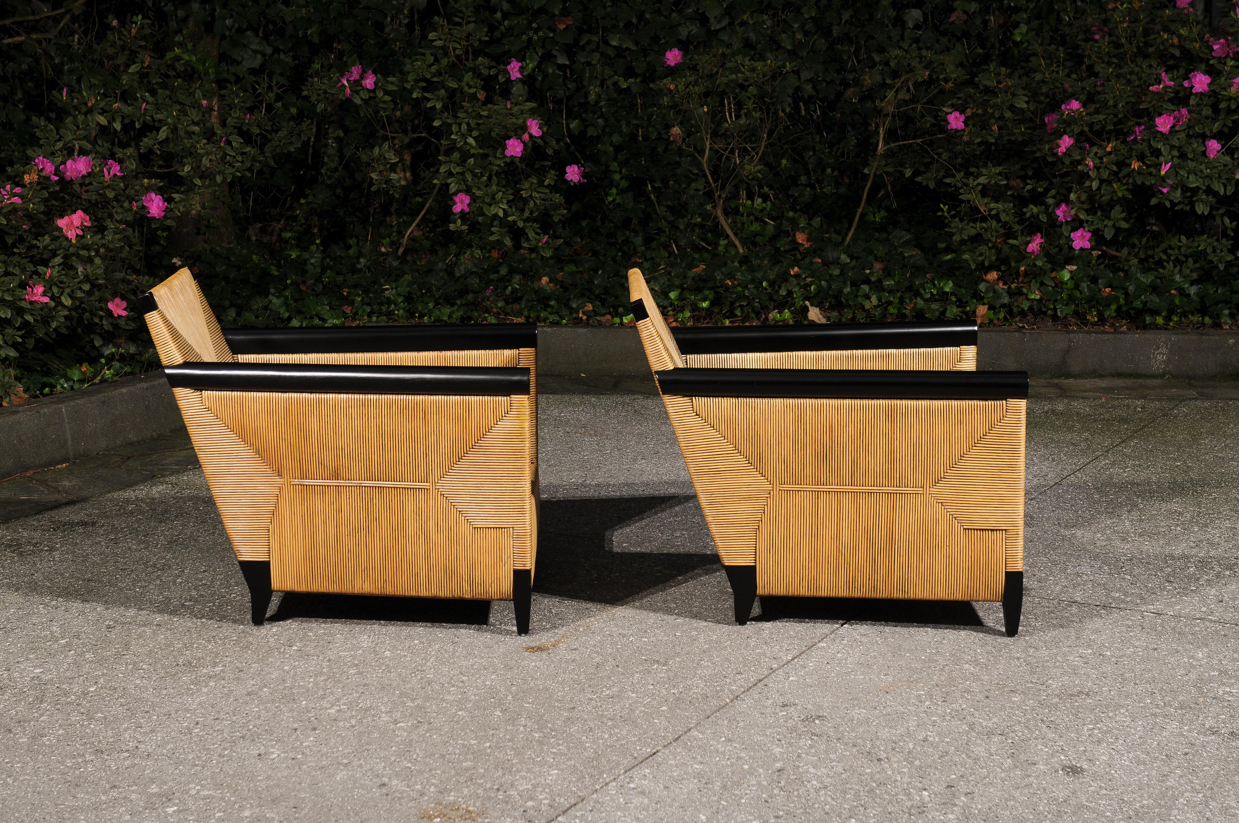 Breathtaking Pair of Black Lacquer Rush Cane Loungers by John Hutton for Donghia For Sale 1