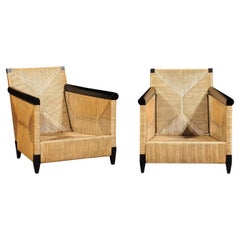 Breathtaking Pair of Black Lacquer Rush Cane Loungers by John Hutton for Donghia