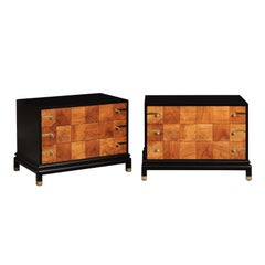 Breathtaking Pair of Black Walnut Parquetry Small Commodes by Renzo Rutili