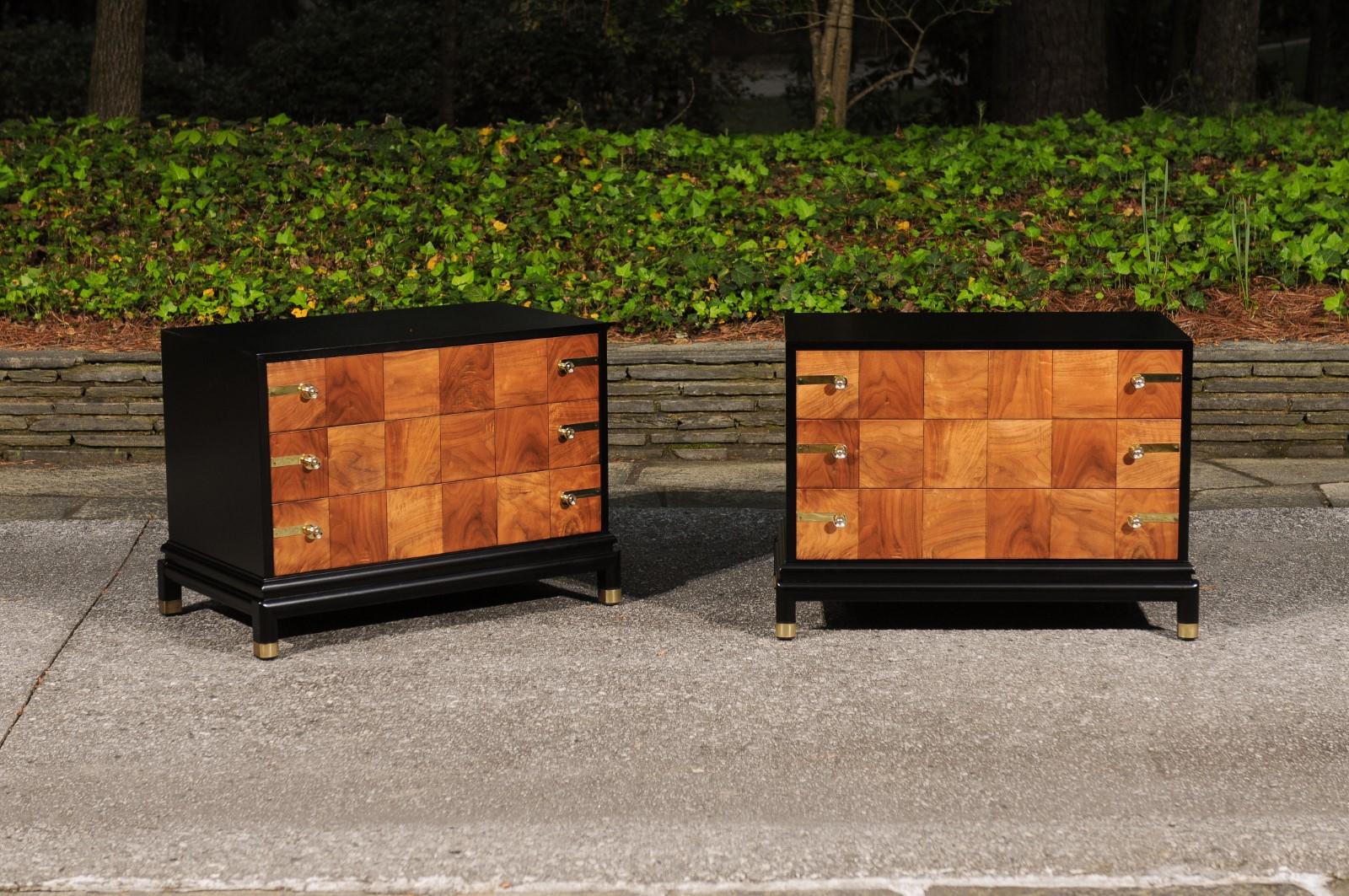 Art Deco Breathtaking Pair of Black Walnut Parquetry Small Commodes by Renzo Rutili For Sale