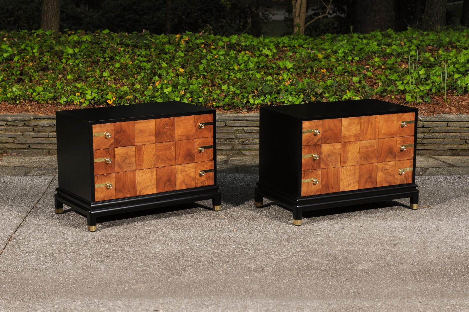 American Breathtaking Pair of Black Walnut Parquetry Small Commodes by Renzo Rutili For Sale