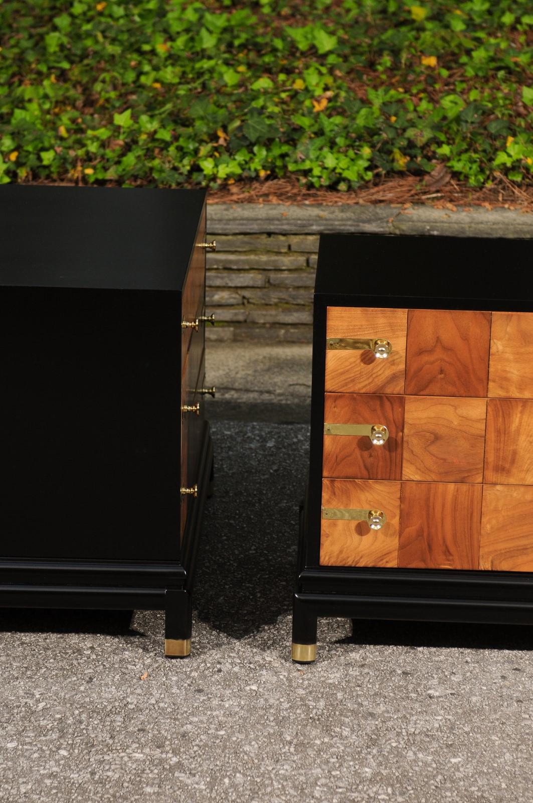 Brass Breathtaking Pair of Black Walnut Parquetry Small Commodes by Renzo Rutili For Sale