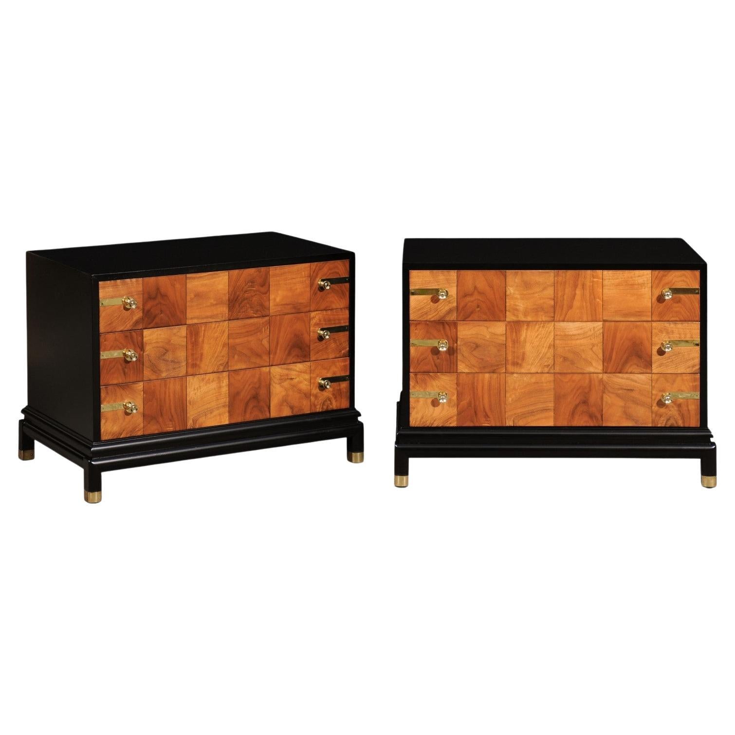 Breathtaking Pair of Black Walnut Parquetry Small Commodes by Renzo Rutili