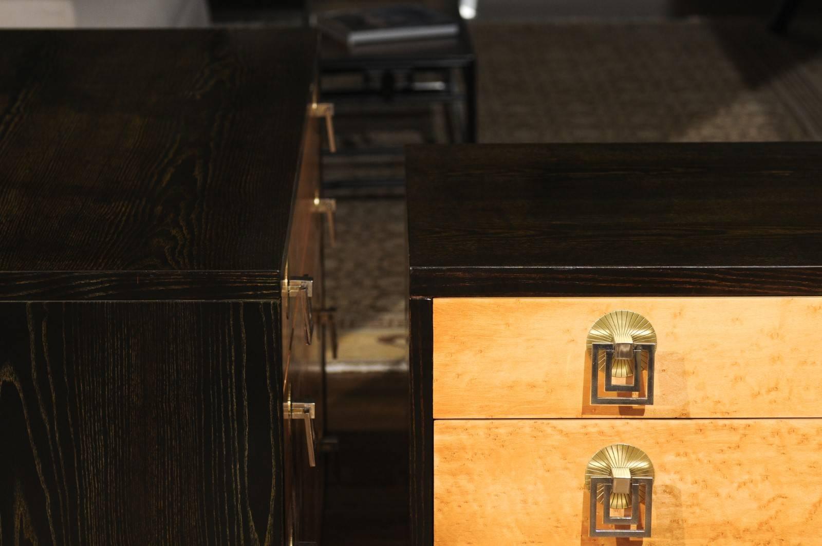 Brass Breathtaking Pair of Chests by Renzo Rutili in Cerused Oak and Bird's-Eye Maple For Sale