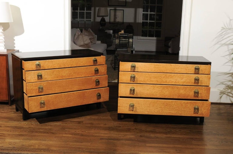Brass Breathtaking Pair of Chests by Renzo Rutili in Cerused Oak and Bird's-Eye Maple For Sale