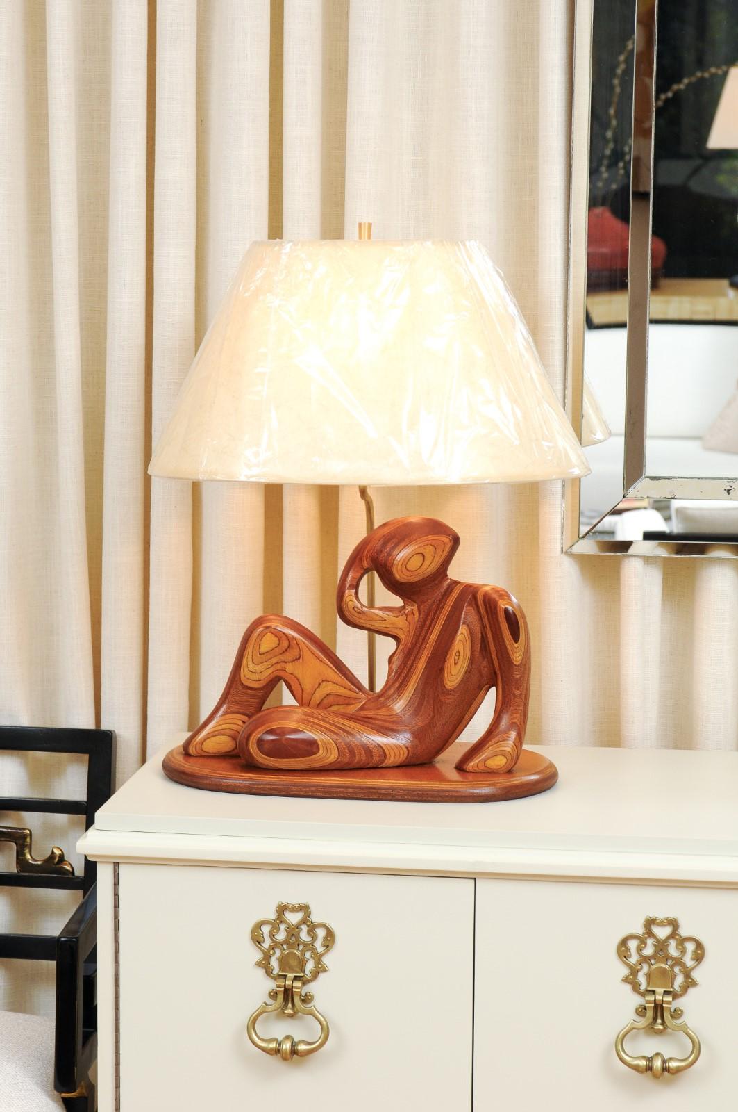 American  Breathtaking Pair of Birch and Mahogany Sculptures as Lamps, circa 1985 For Sale