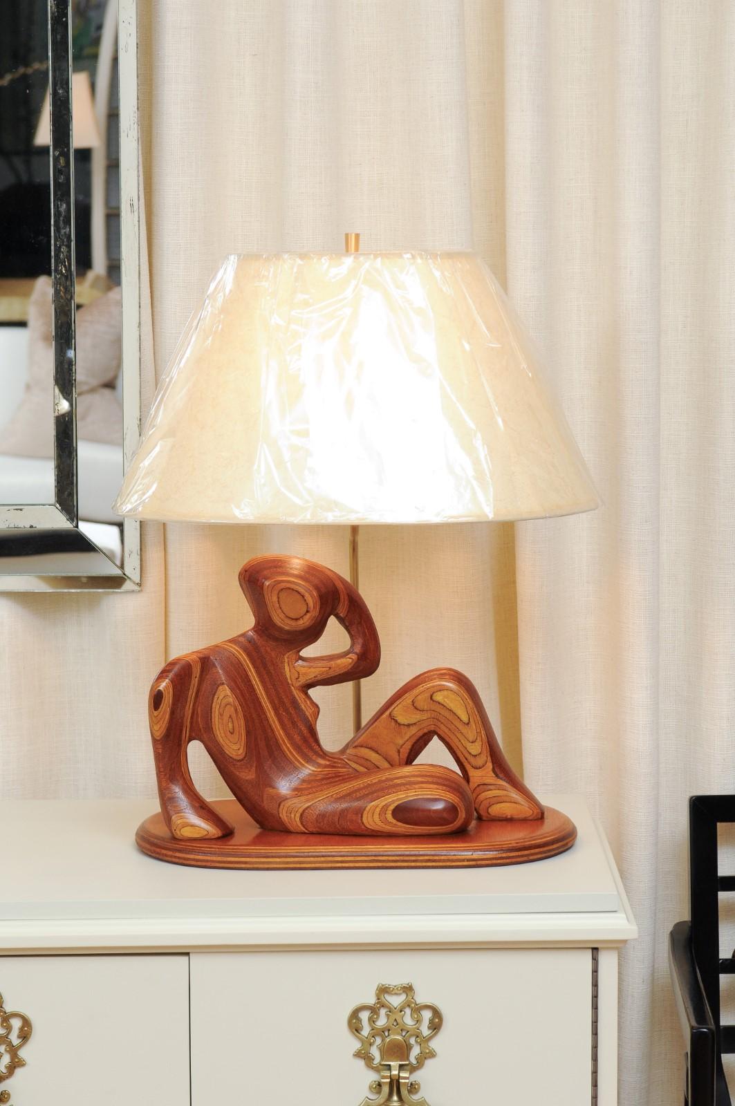  Breathtaking Pair of Birch and Mahogany Sculptures as Lamps, circa 1985 For Sale 1