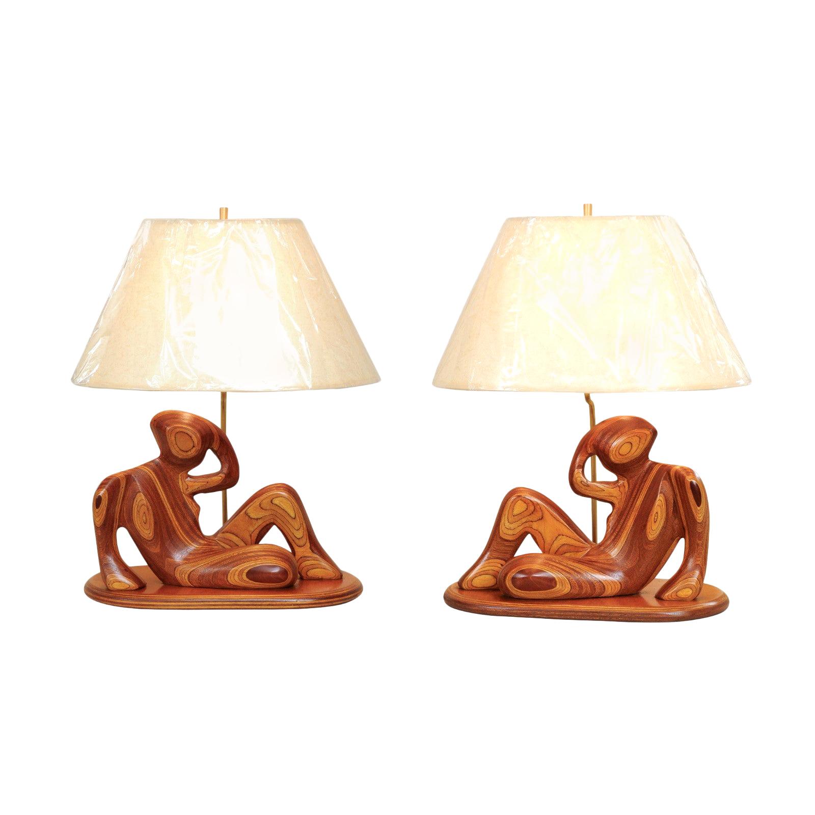  Breathtaking Pair of Birch and Mahogany Sculptures as Lamps, circa 1985 For Sale