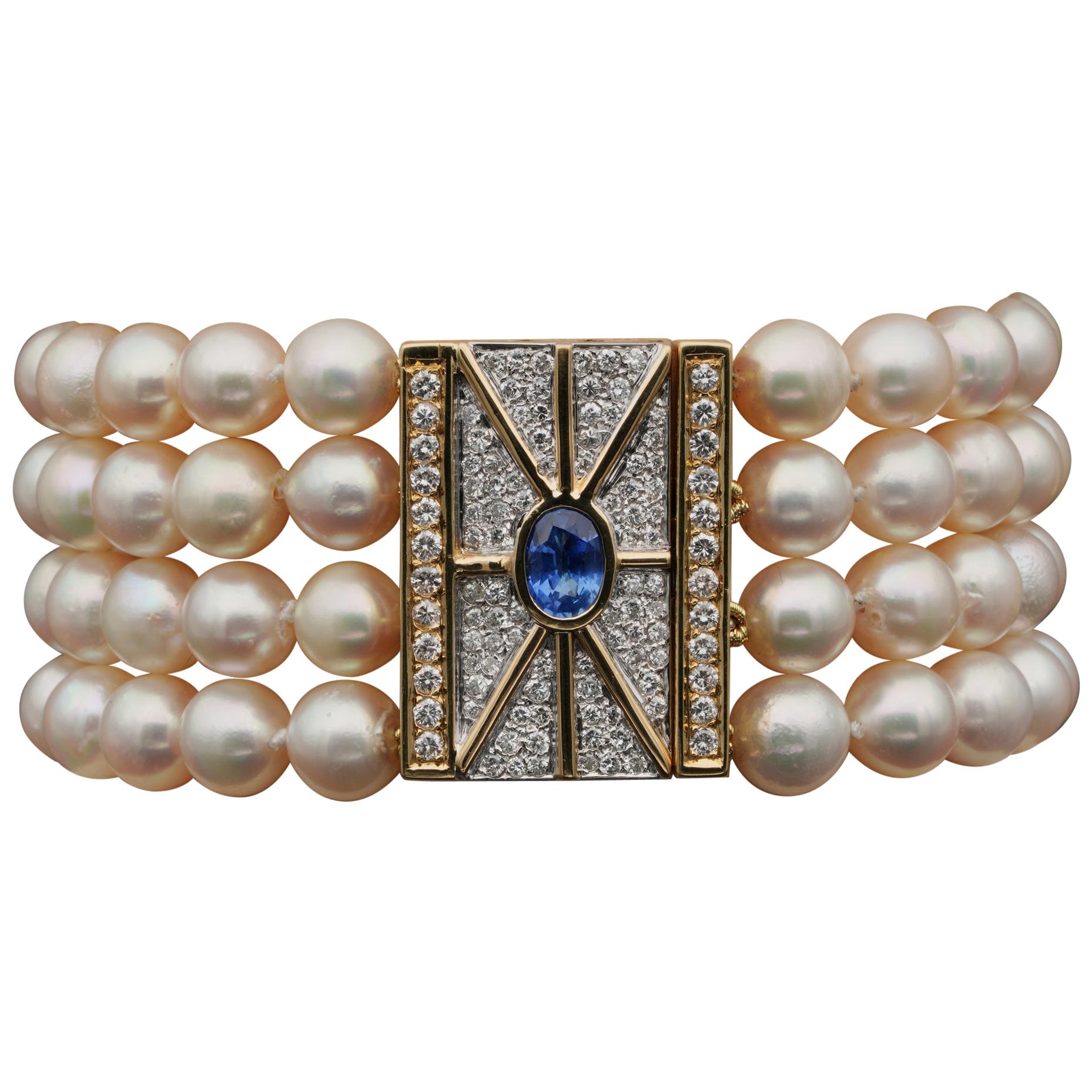 Breathtaking Pearl Diamond Natural Sapphire Midcentury Cocktail Bracelet For Sale