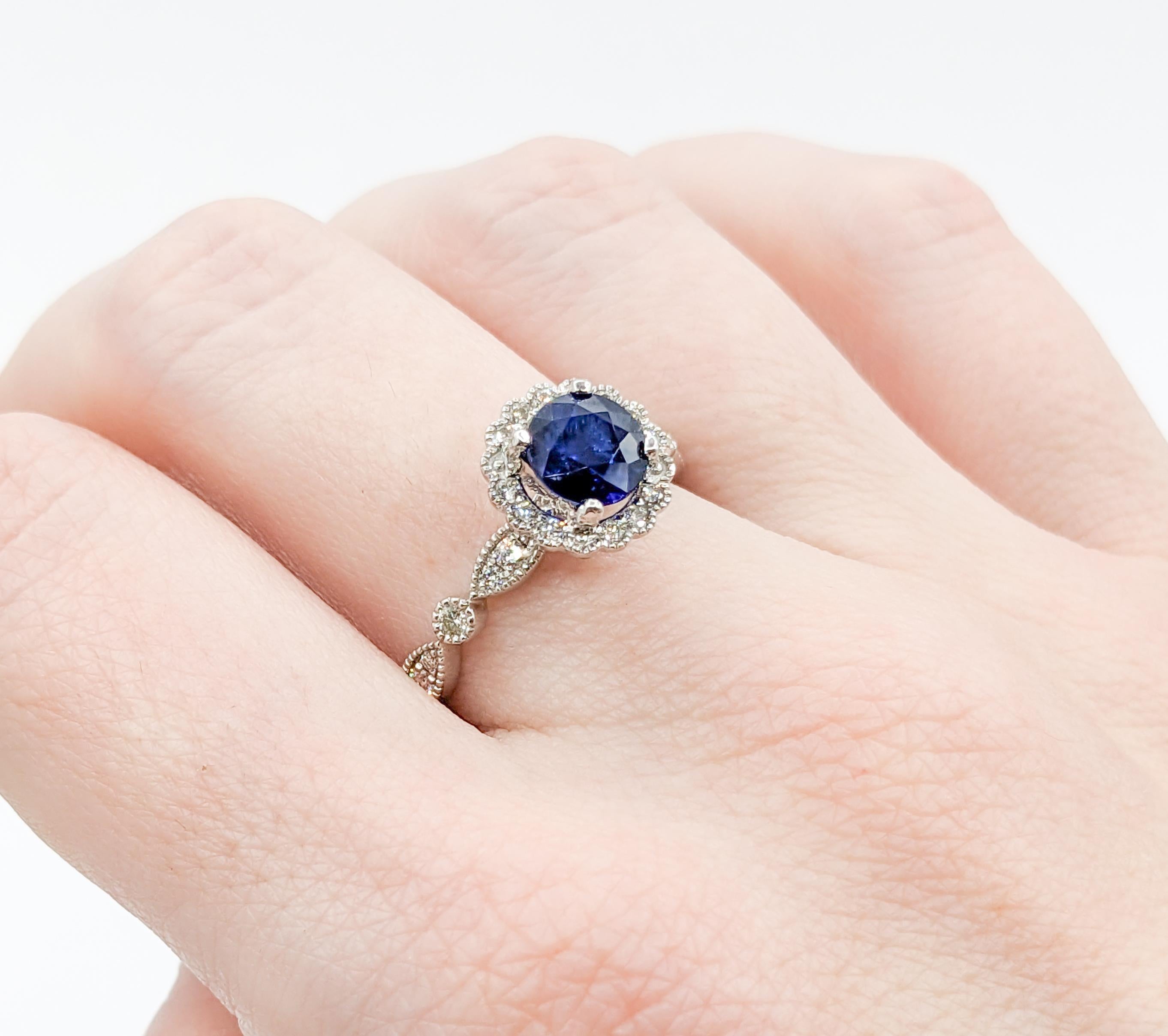 Breathtaking Platinum Vivid Sapphire & Diamond Halo Ring  In New Condition For Sale In Bloomington, MN