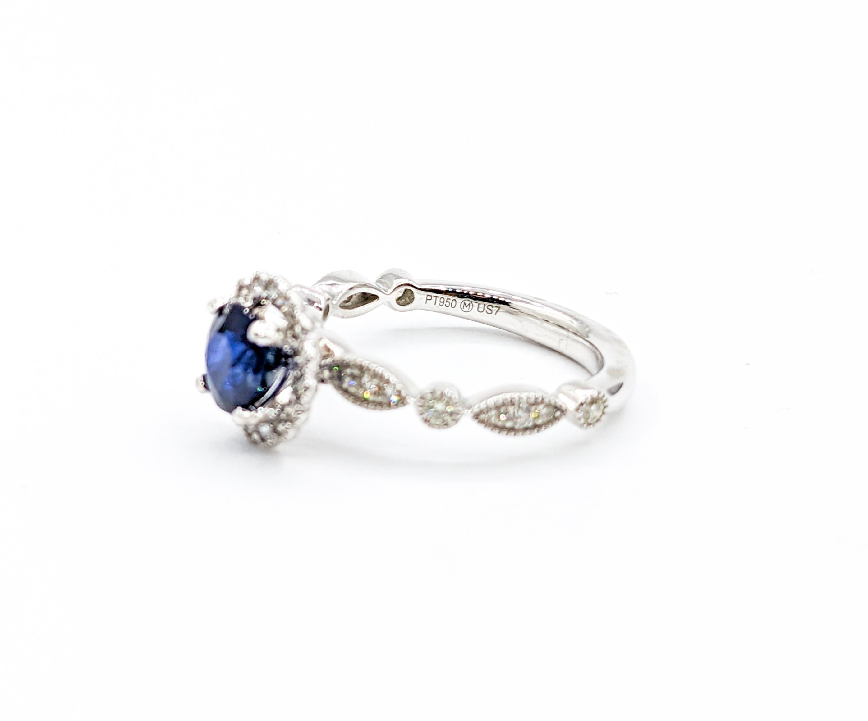 Breathtaking Platinum Vivid Sapphire & Diamond Halo Ring  For Sale 3
