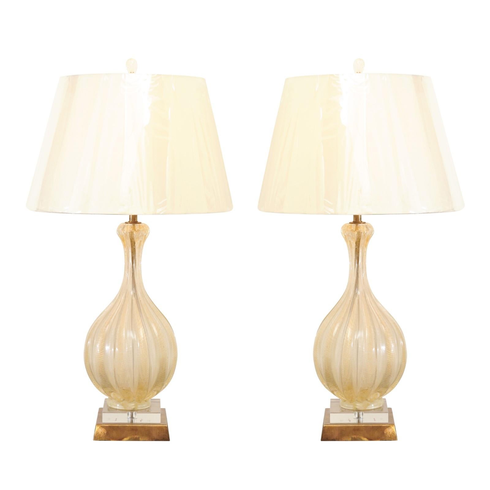 Breathtaking Restored Pair of Champagne and Gold Murano Lamps, circa 1960