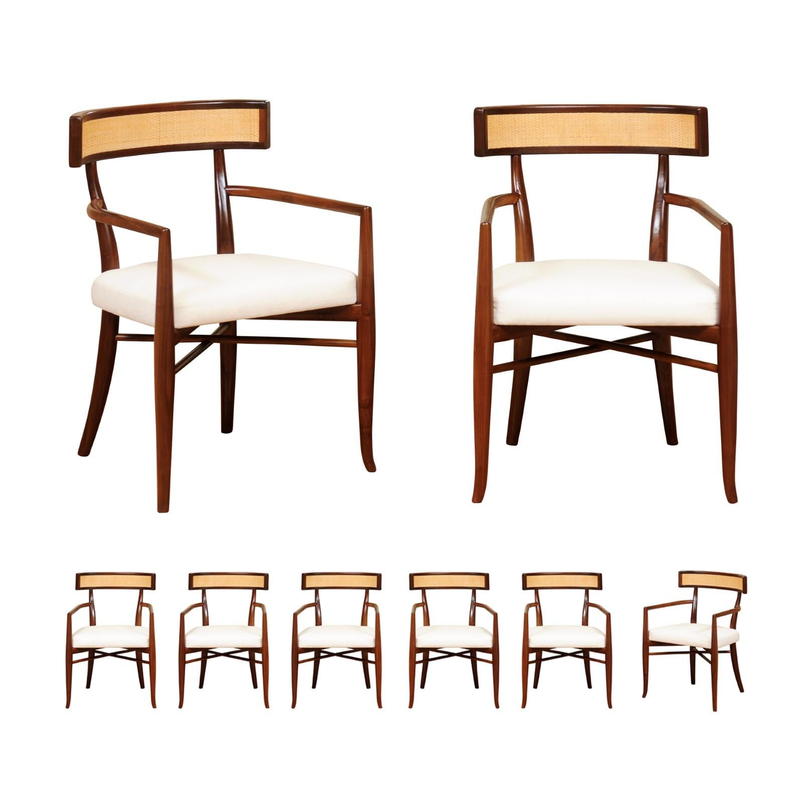 This magnificent set of dining chairs is shipped as professionally photographed and described in the listing narrative: Meticulously professionally restored, newly upholstered and completely installation ready. The custom cane back is a modification