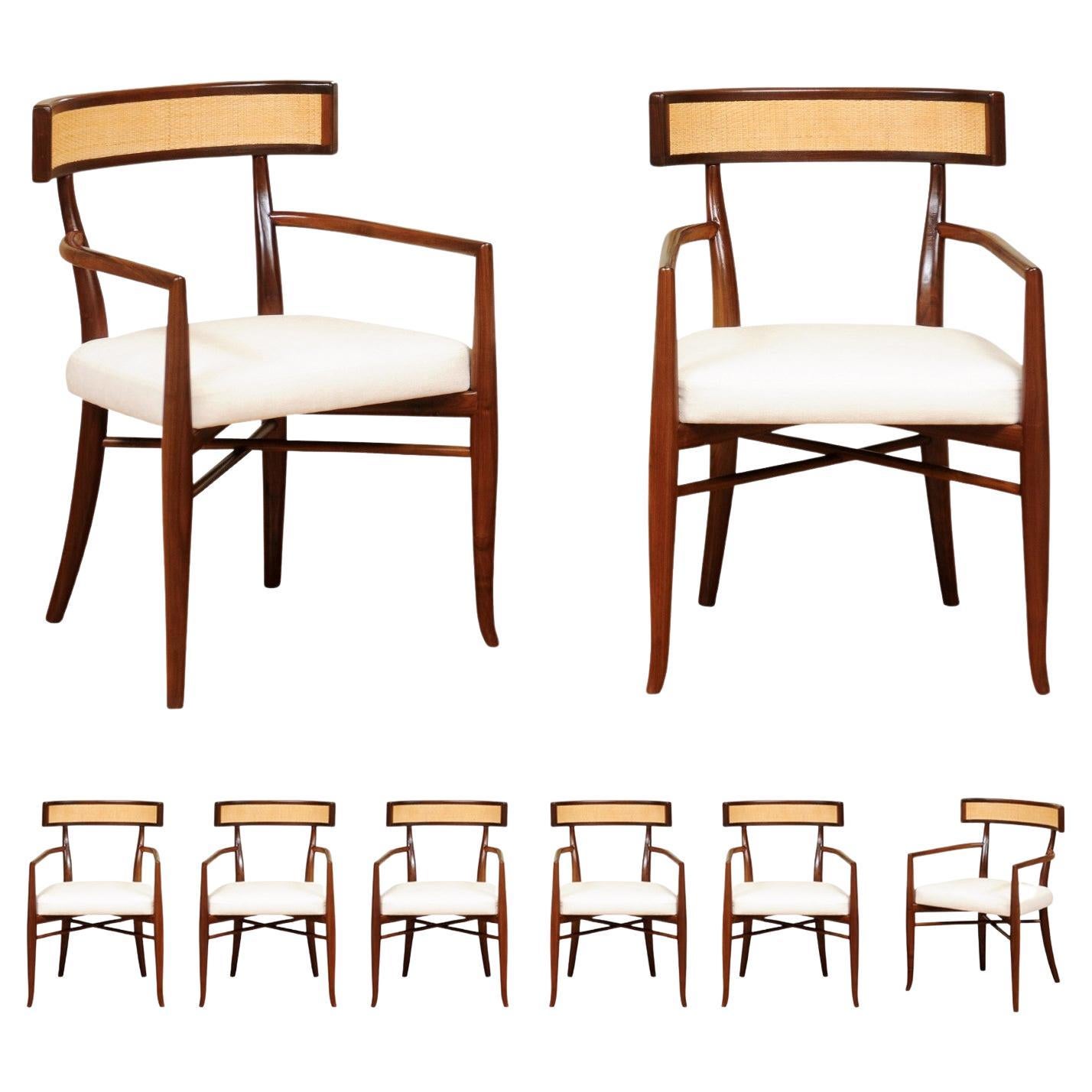 Breathtaking Restored Set of 8 Arm Dining Chairs by Gibbings, Cane Backs For Sale
