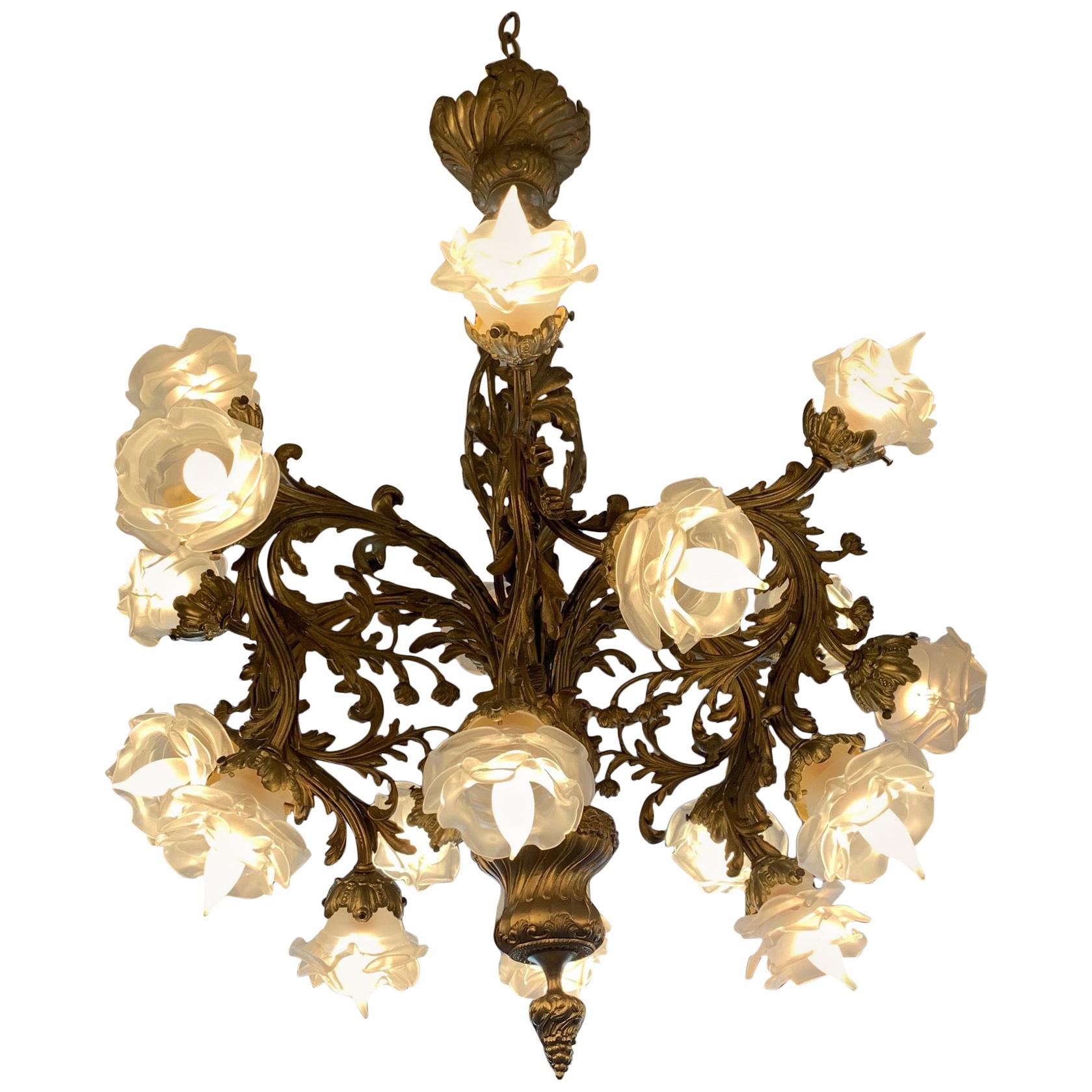 Breathtaking Rococo 18-Light Cast Gilt Bronze Chandelier