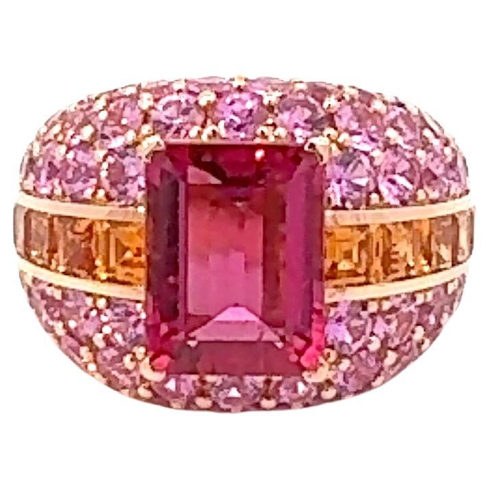 Breathtaking Ruby Orange Pink Sapphire 18K Yellow Gold Ring For Her For Sale