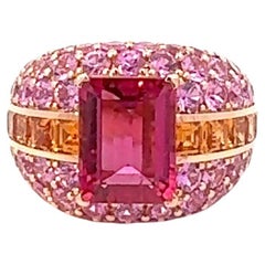 Ring aus 18 Karat Gelbgold mit atemberaubendem Rubin, orange, rosa und rosa Saphir für sie