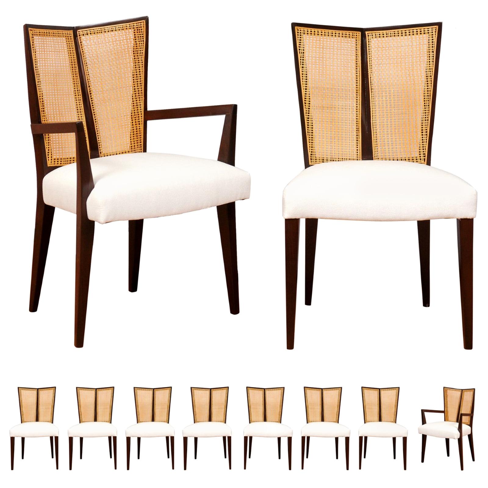Breathtaking Set of 10 Modern V-Back Cane Chairs by Michael Taylor, circa 1960