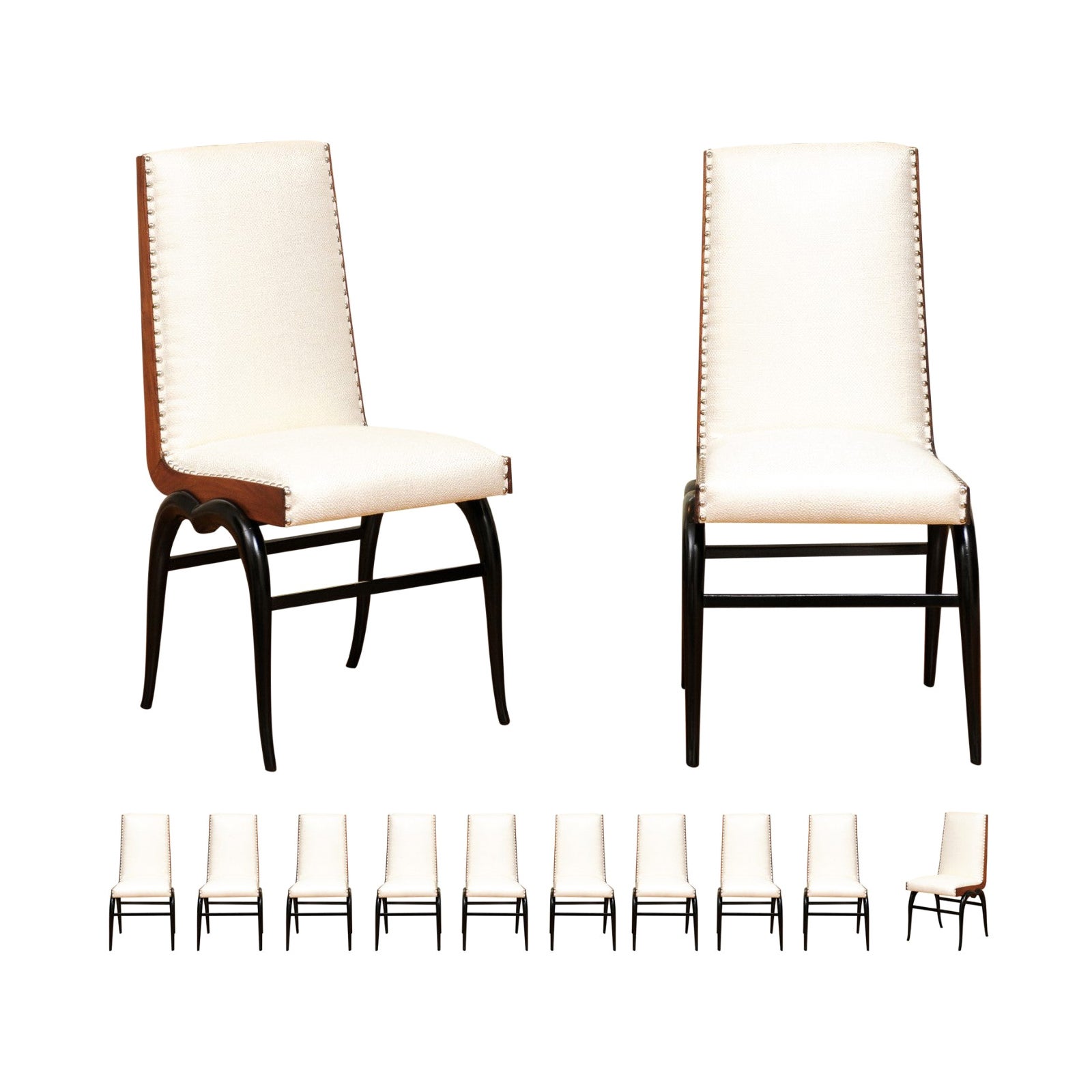 Breathtaking Set of 12 Walnut and Mahogany Dining Chairs, Brazil, circa 1955 For Sale