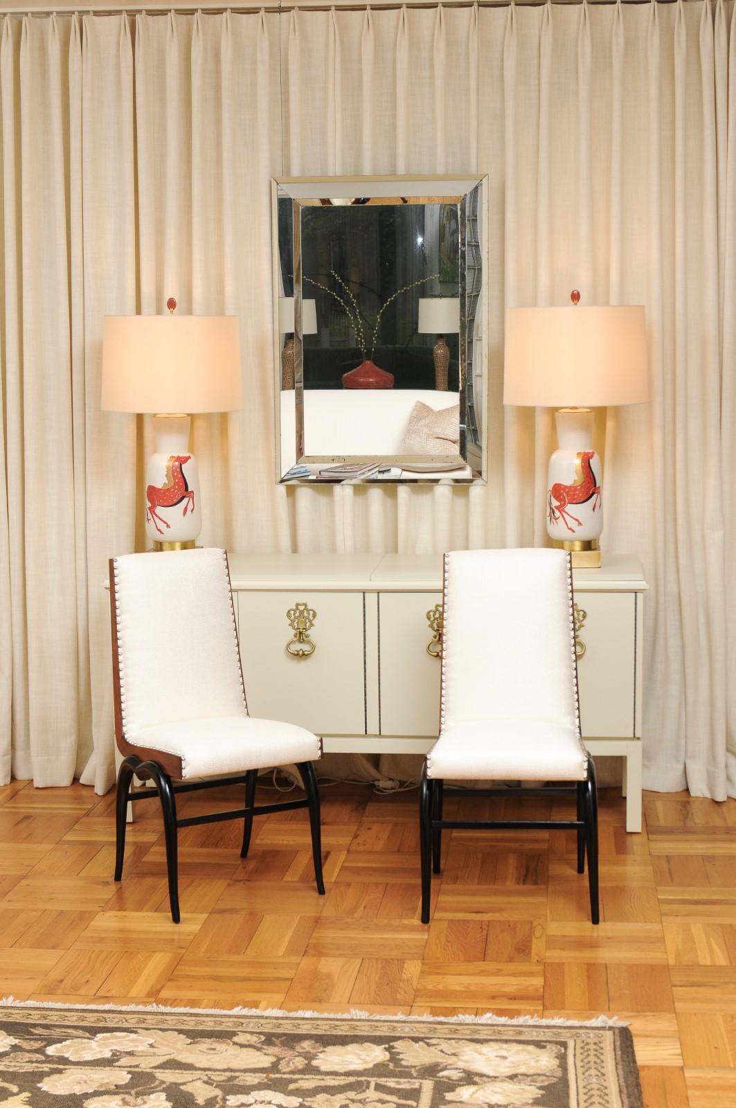 These magnificent dining chairs are shipped as professionally photographed and described in the listing narrative, completely installation ready. This large set is unique on the World market. Expert custom upholstery service is available.

A