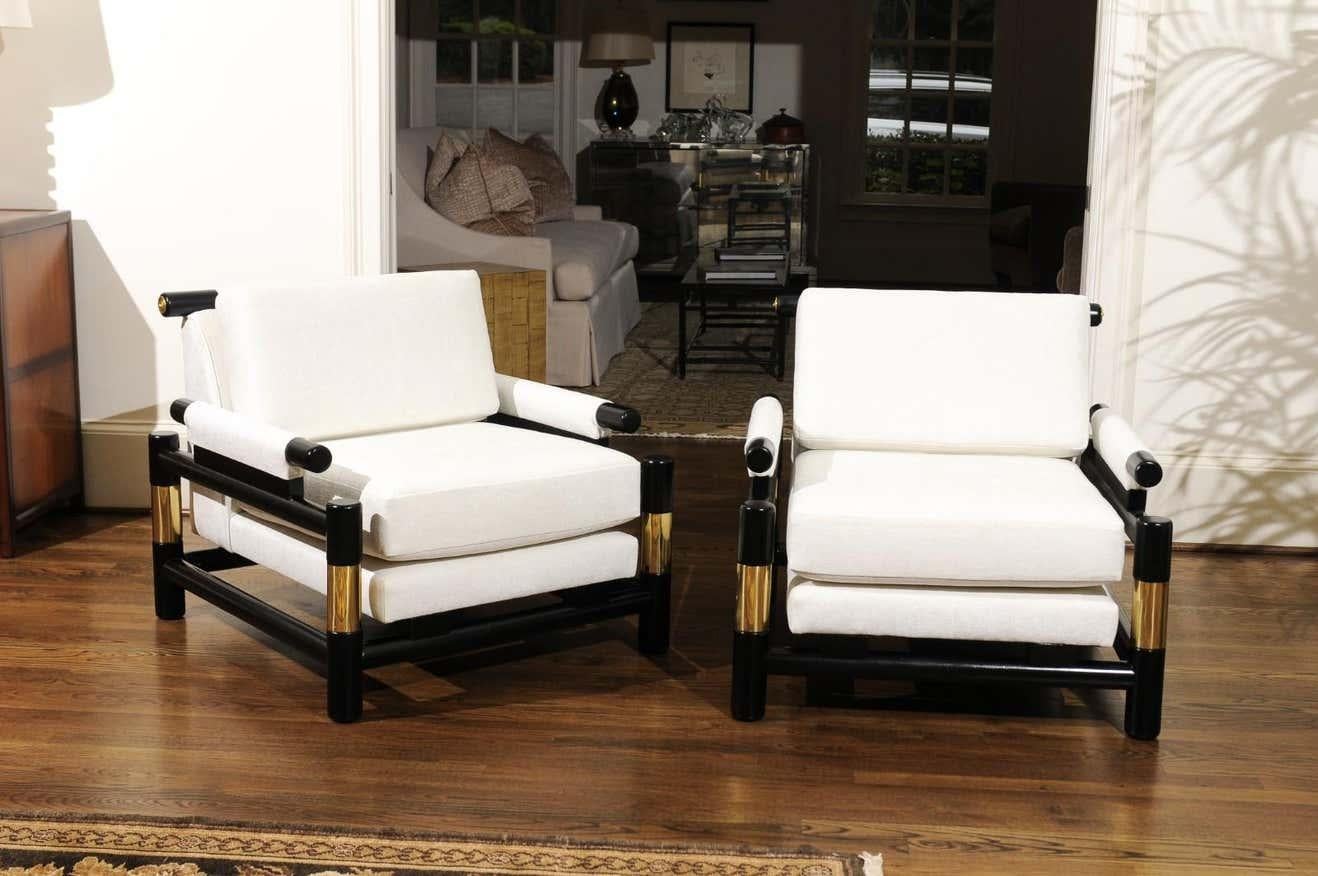 These magnificent lounge chairs are shipped as professionally photographed and described in the listing narrative, completely installation ready. This rare set of four (4) seating examples is unique on the market. Expert custom upholstery service is
