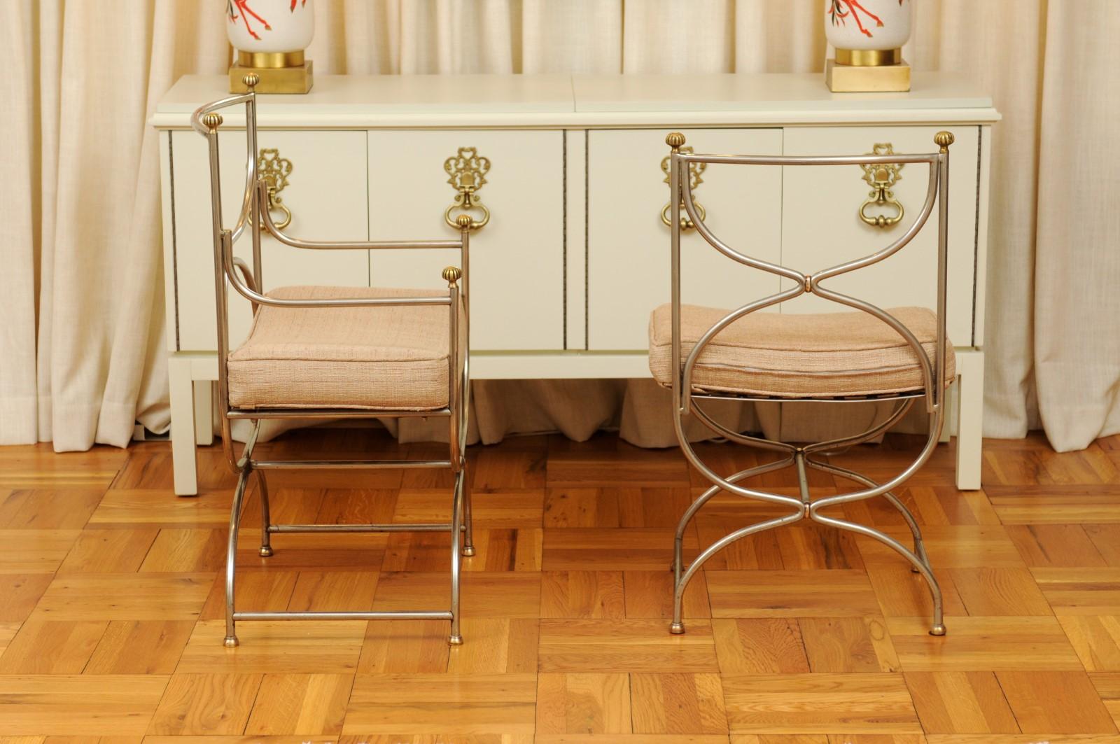 Breathtaking Set of 6 Polished Steel and Brass Chairs by Maison Jansen, 1965 For Sale 4
