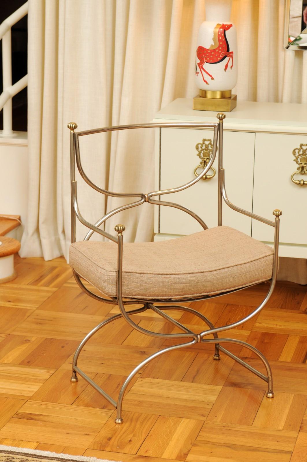 French Breathtaking Set of 6 Polished Steel and Brass Chairs by Maison Jansen, 1965 For Sale