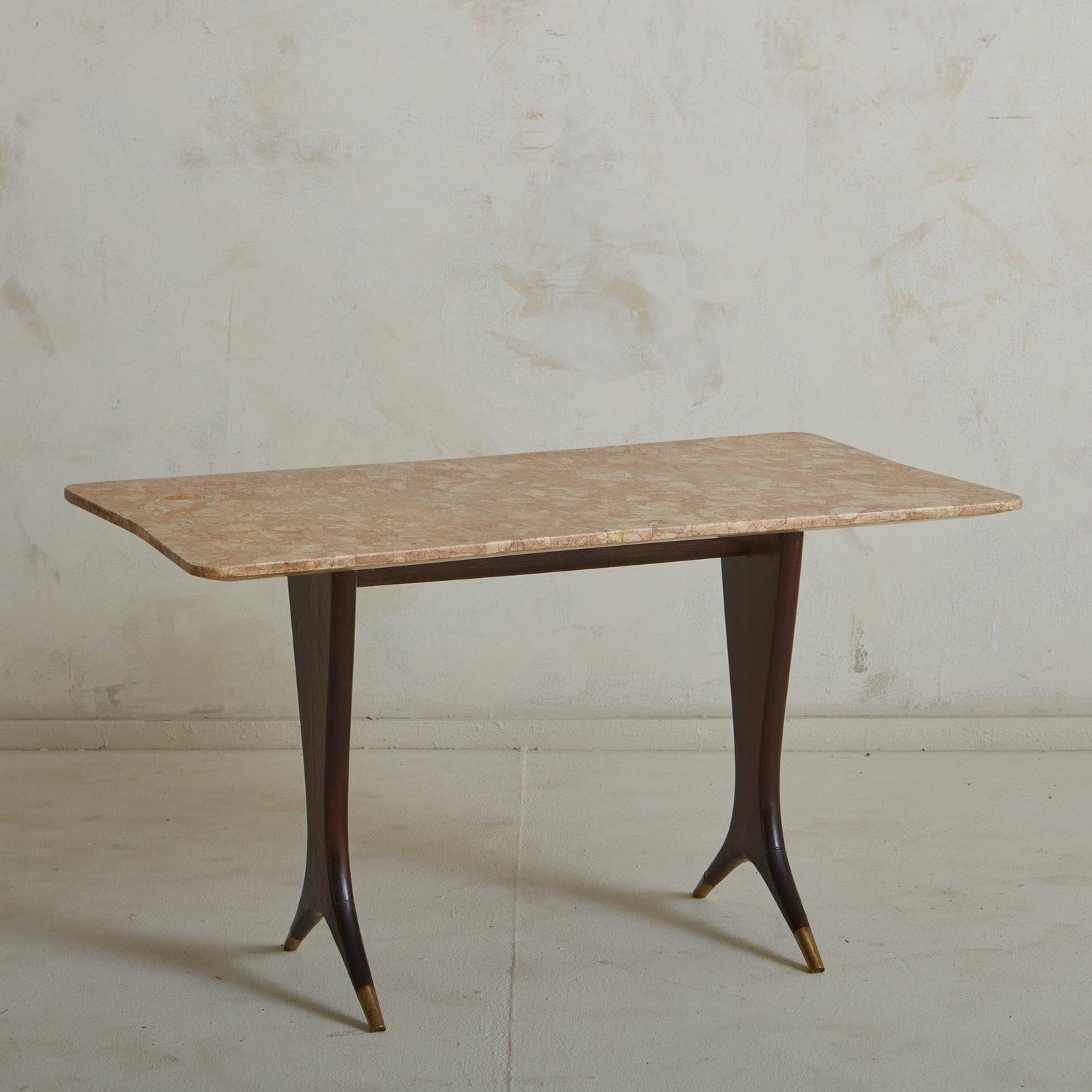 Mid-Century Modern Breccia Pernice Marble + Mahogany Coffee Table By Guglielmo Ulrich, Italy 1950 For Sale