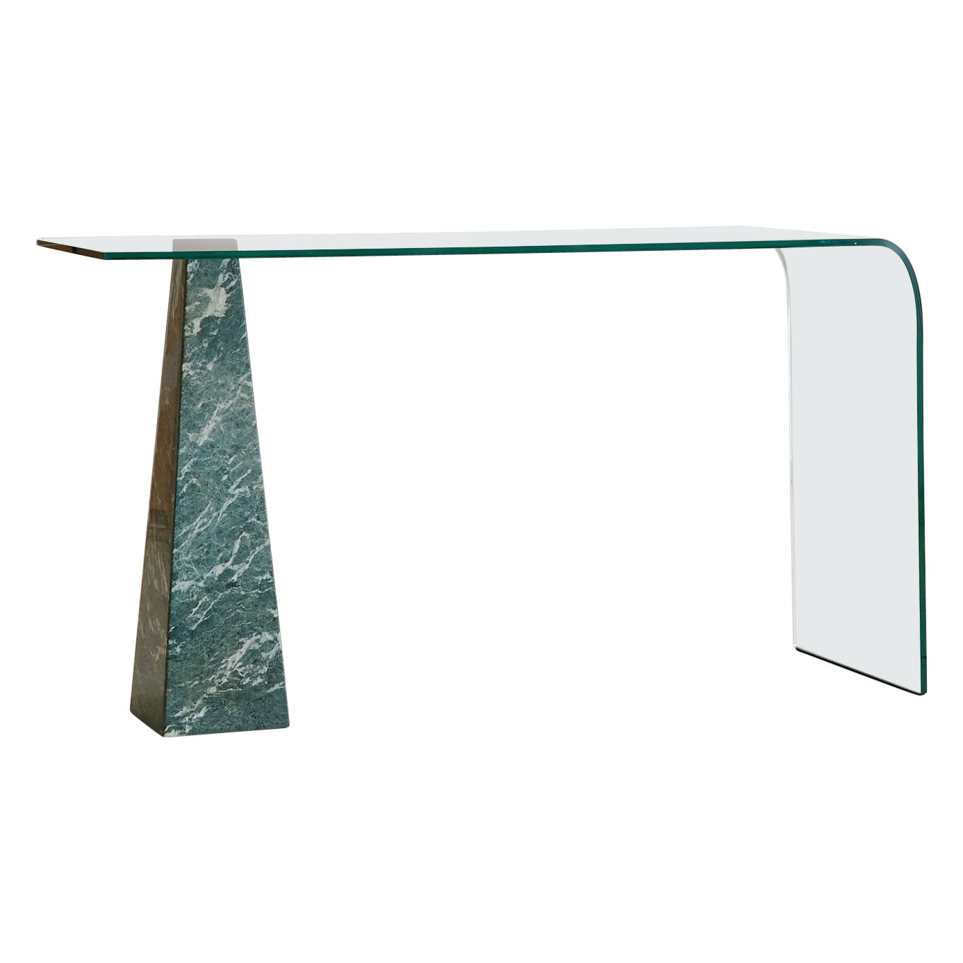Breccia Verde Marble + Bent‑Glass Console Table, Europe Circa 1970 For Sale