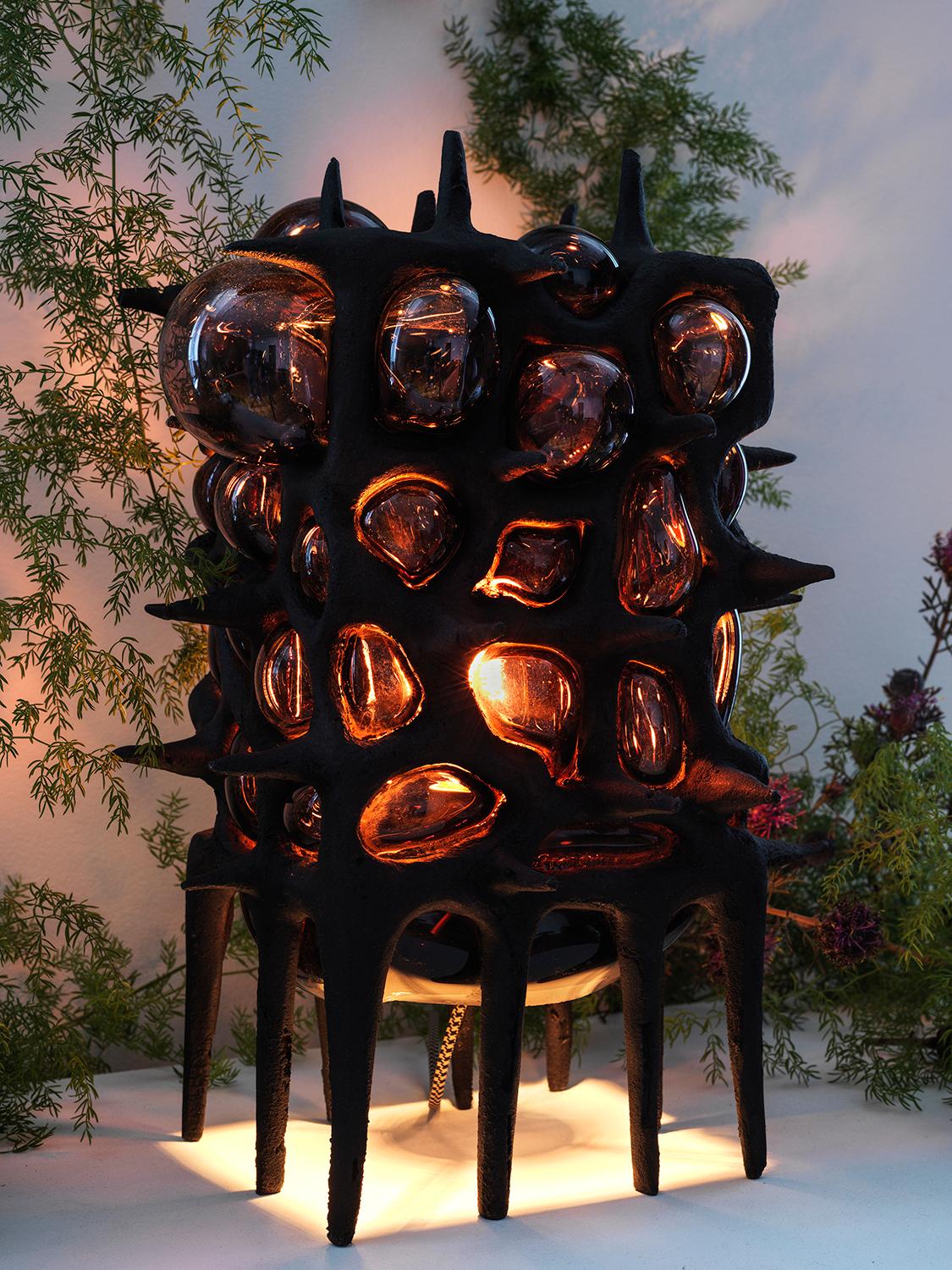 American Sculptural Table Lamp in Cast Bronze and Blown Glass For Sale