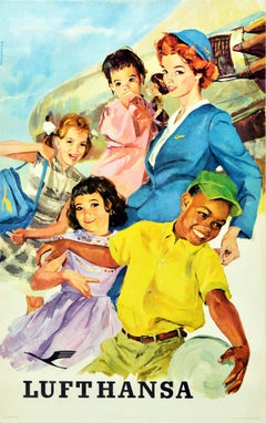 Original Vintage Poster For Lufthansa Airline Stewardess Children Travel Service