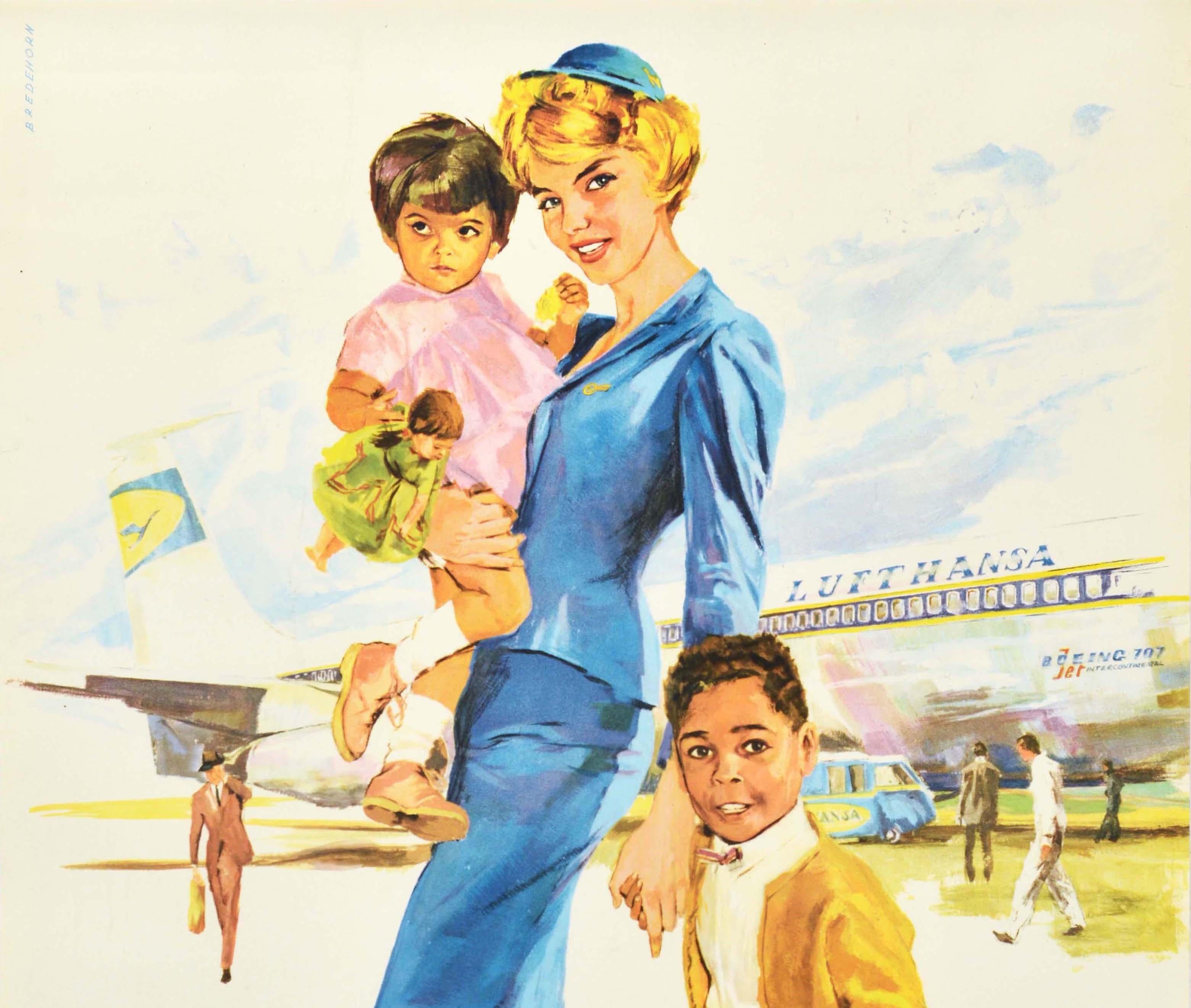 Original Vintage Travel Poster Lufthansa German Airlines Children Flying Alone - Print by Bredehorn