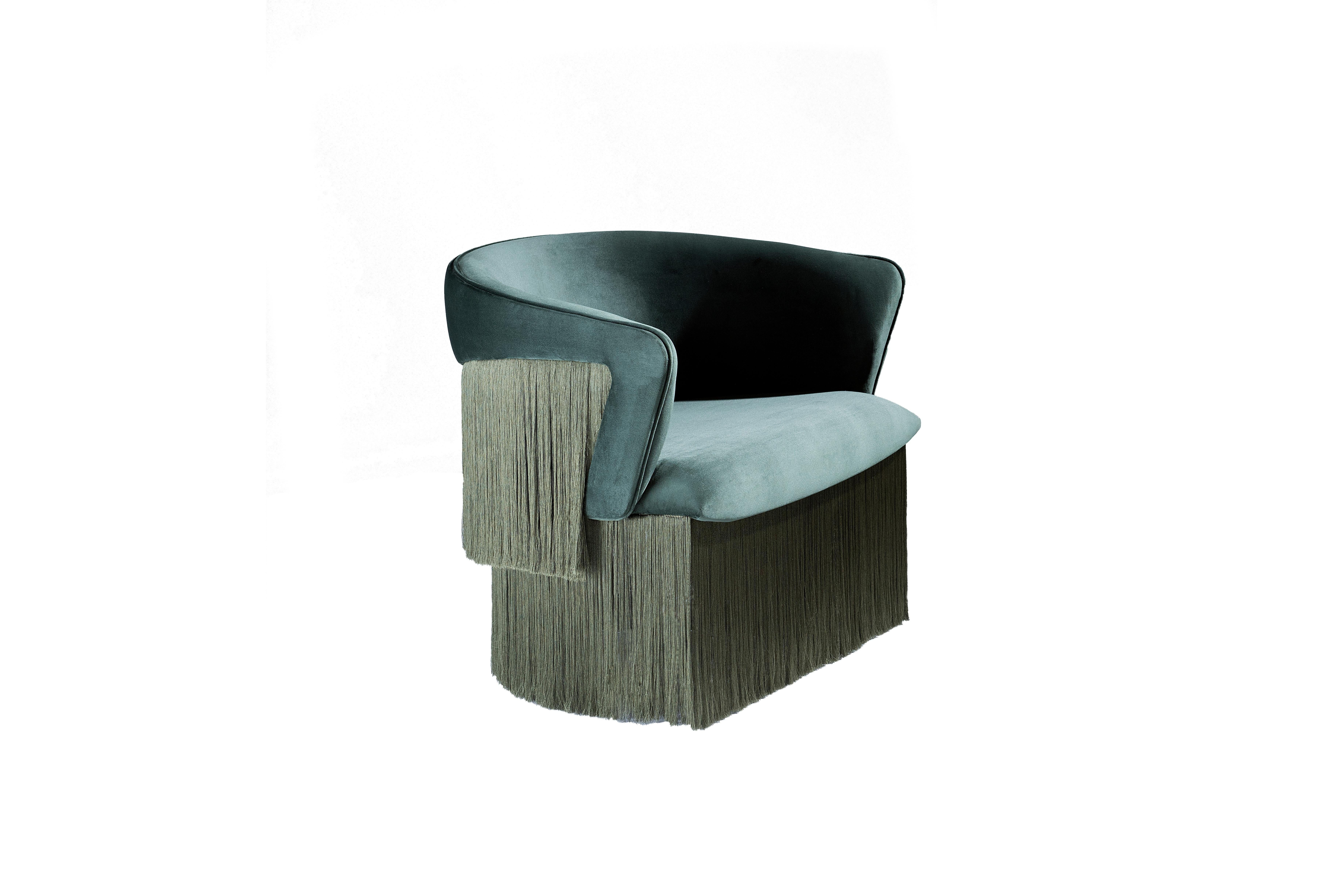 Modern Breeze Armchair, Upholstered in Green Velvet, Silk Fringes, Rotating Feet For Sale