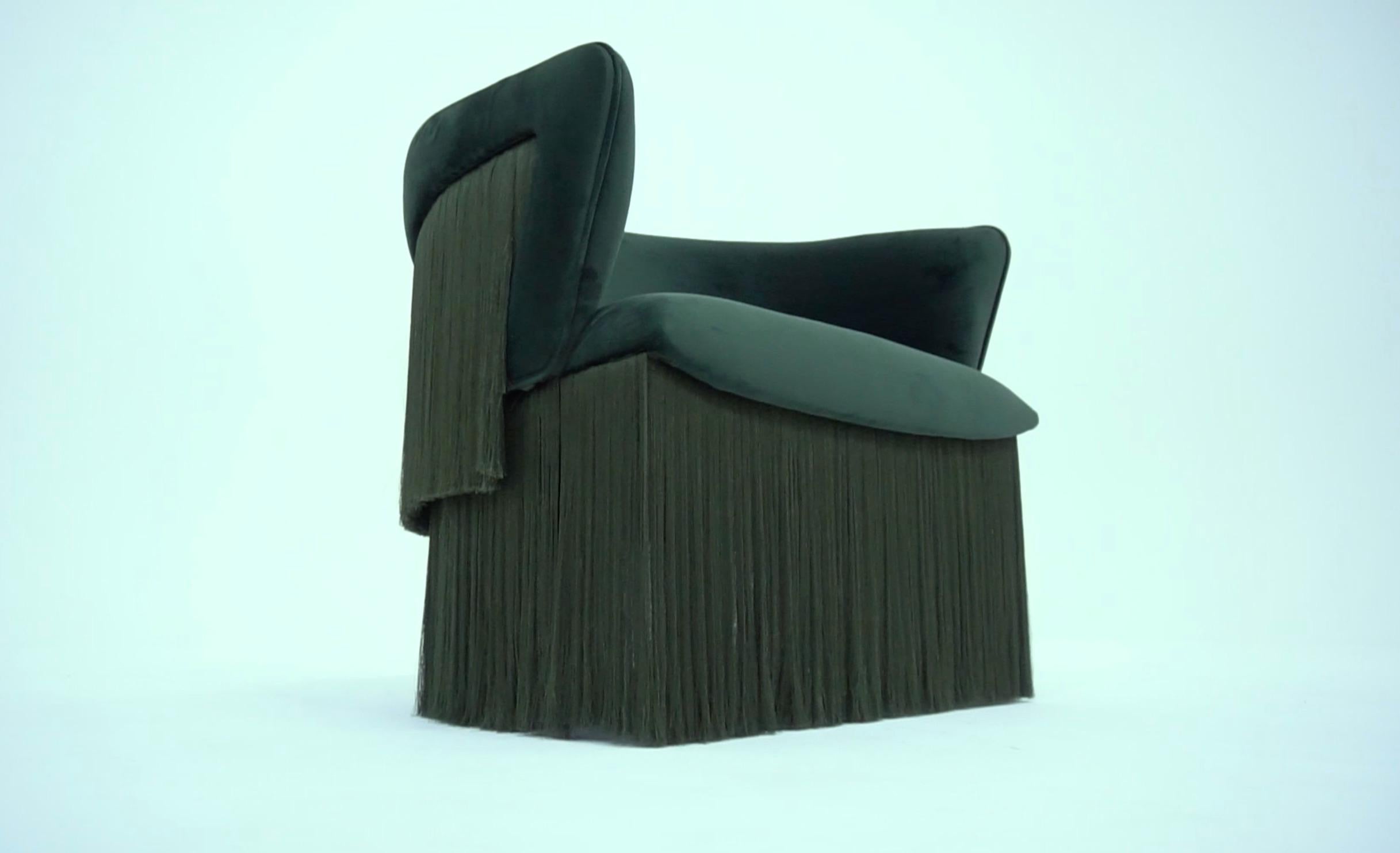 Brazilian Breeze Armchair, Upholstered in Green Velvet, Silk Fringes, Rotating Feet For Sale