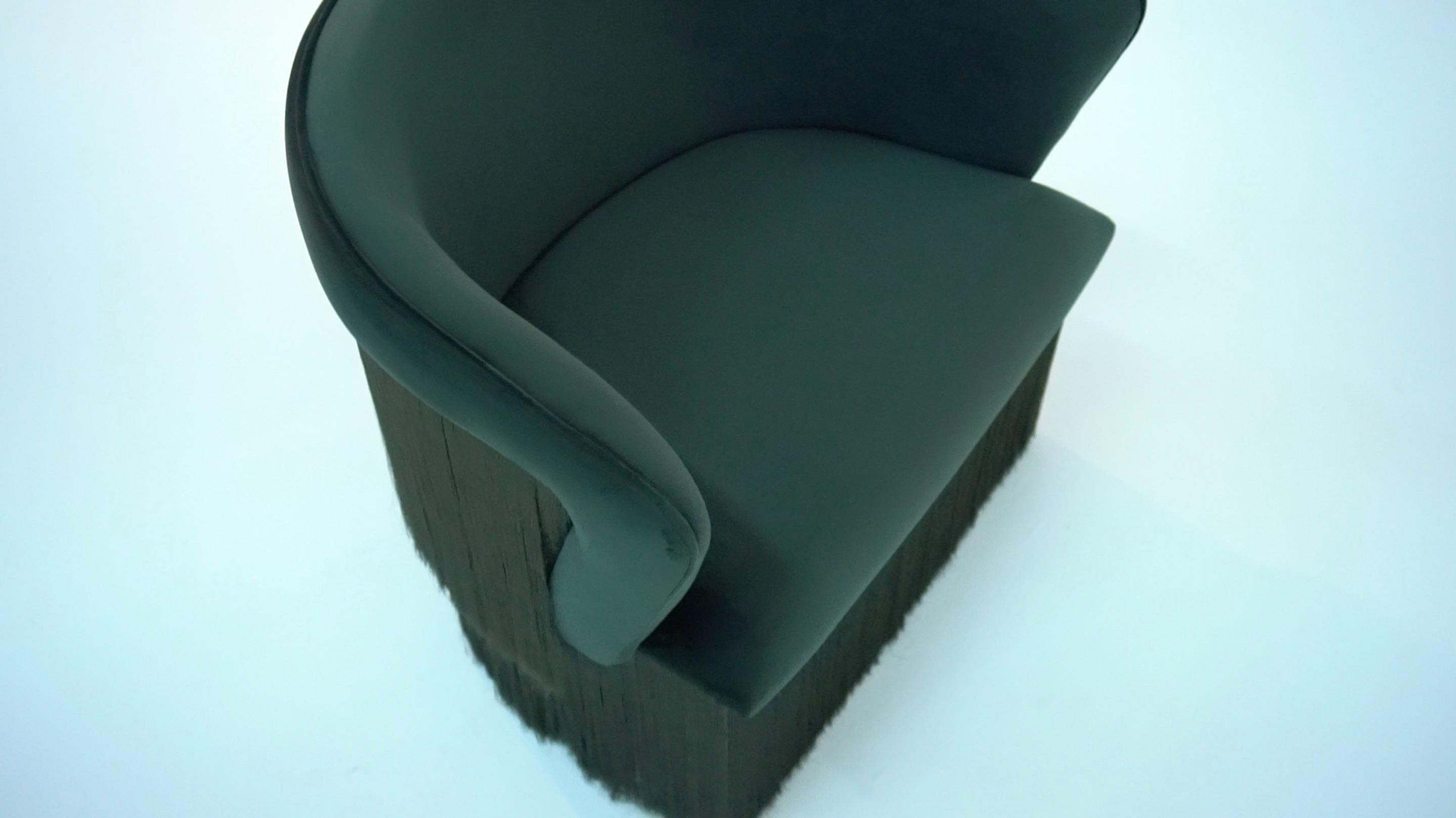 Appliqué Breeze Armchair, Upholstered in Green Velvet, Silk Fringes, Rotating Feet For Sale