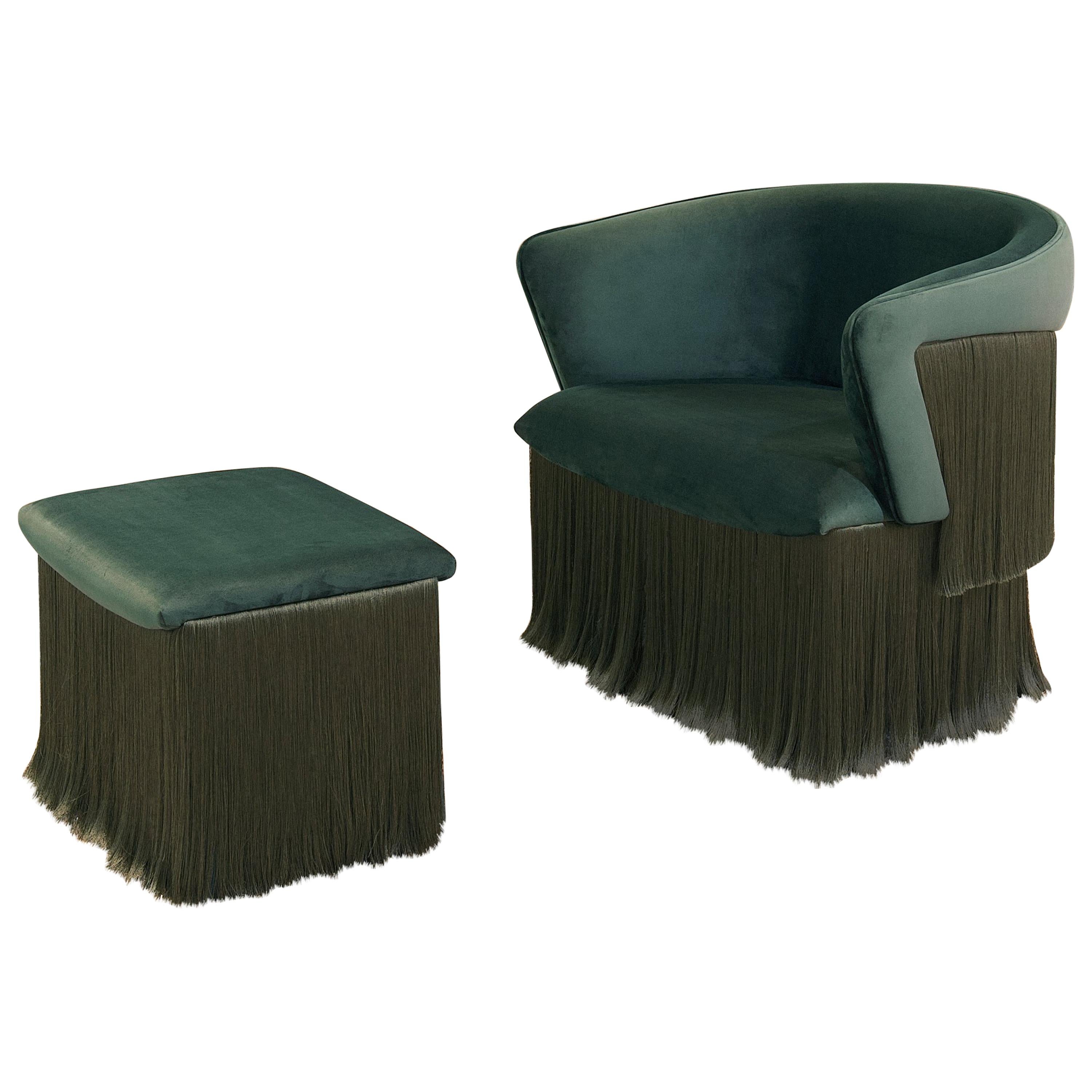 Breeze Armchair, Upholstered in Green Velvet, Silk Fringes, Rotating Feet For Sale