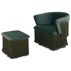 Breeze Armchair, Upholstered in Green Velvet, Silk Fringes, Rotating Feet