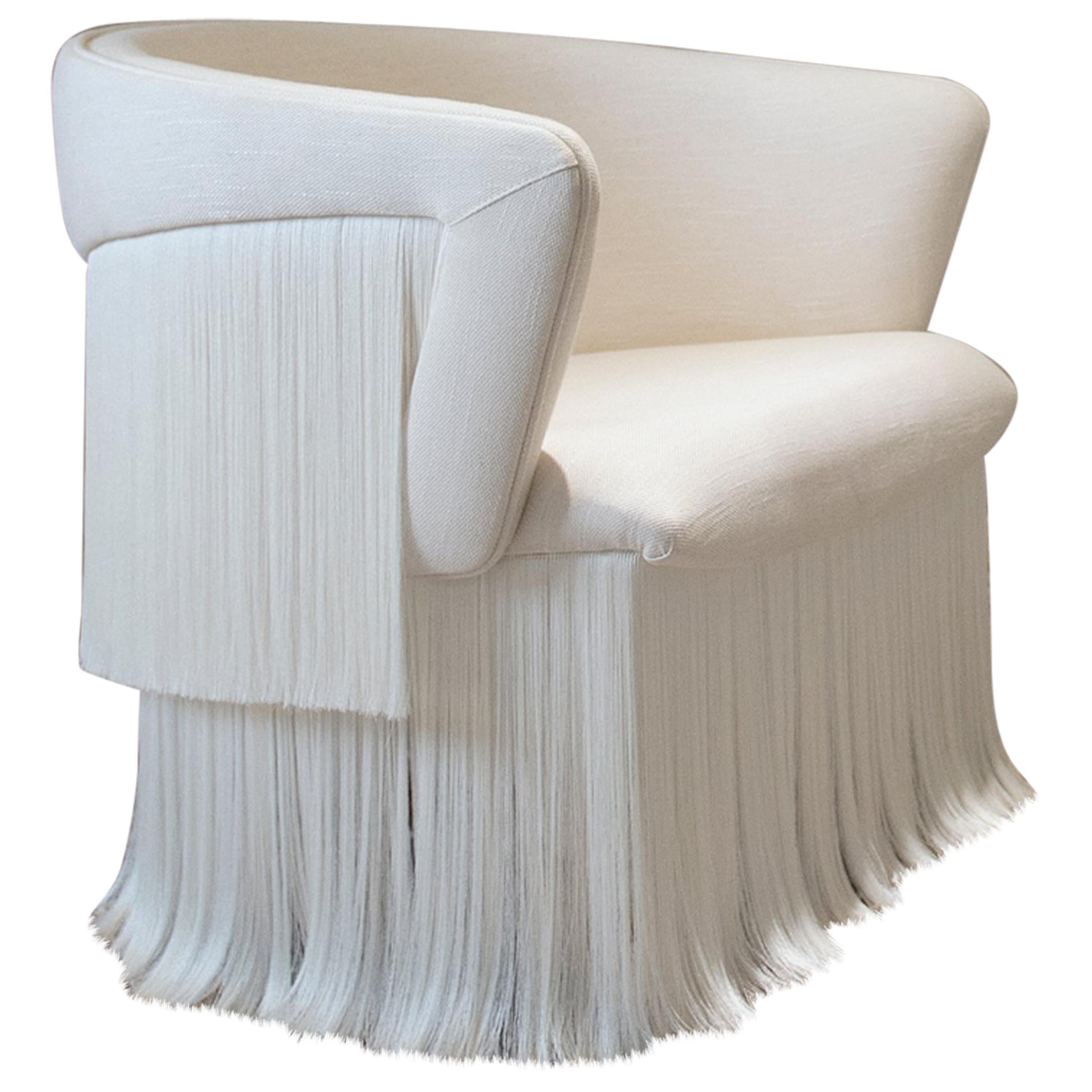 Breeze Armchair, Upholstered in Linen and Off-white Silk Fringes, Rotating Feet For Sale